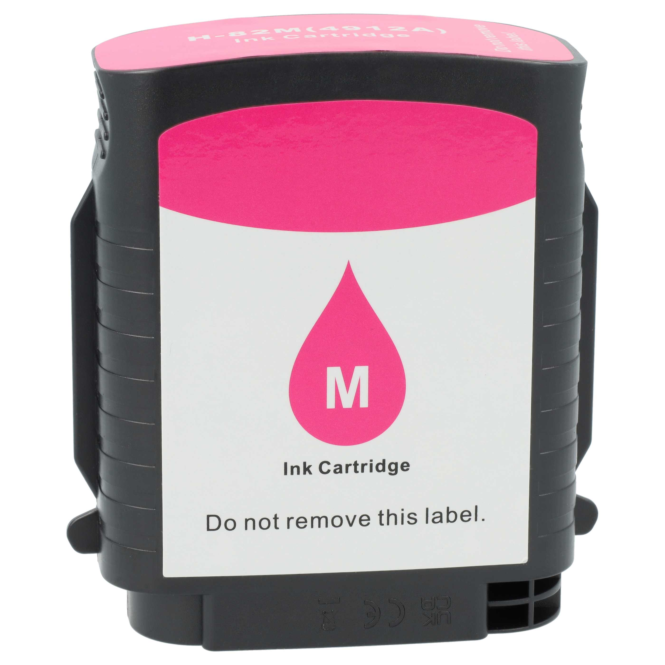 Tintenpatrone mit rosa Deckel und Etikett. Zeigt einen rosa Tropfen mit 'M'. Schwarzer Körper, Text 'Ink Cartridge'.