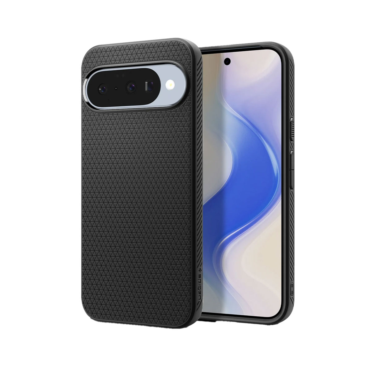 Coque de téléphone noire et téléphone sur fond blanc. La coque a une surface texturée, l'écran affiche une image bleu clair.