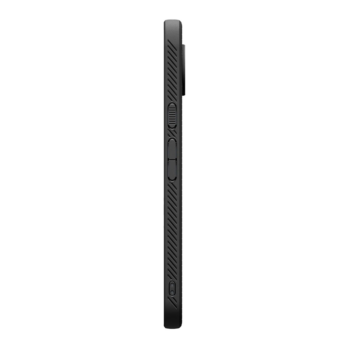Vue latérale d'une coque de téléphone noire. Des boutons et des rainures sont visibles sur le côté. La coque est texturée.