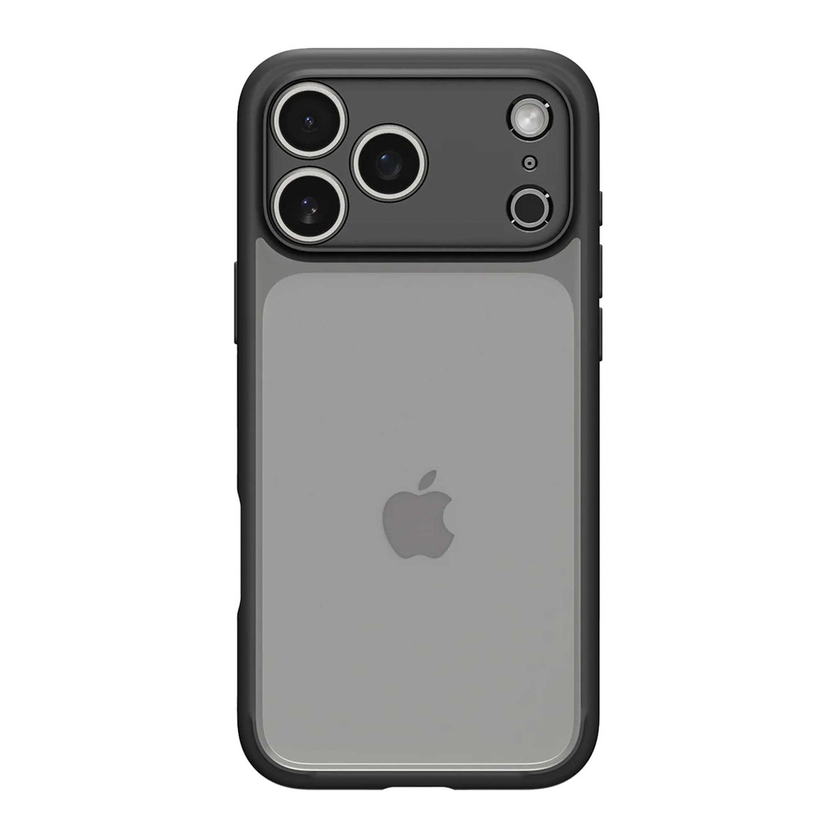 Une coque de téléphone noire avec dos transparent. Haut avec découpes caméra. Logo Apple visible. Cadre noir.