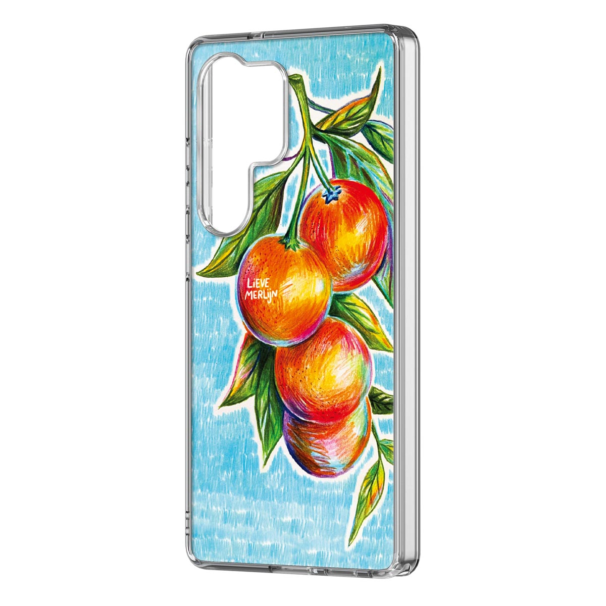 Custodia per telefono con un'illustrazione di arance su un ramo con foglie verdi. Sfondo blu e cornice trasparente.