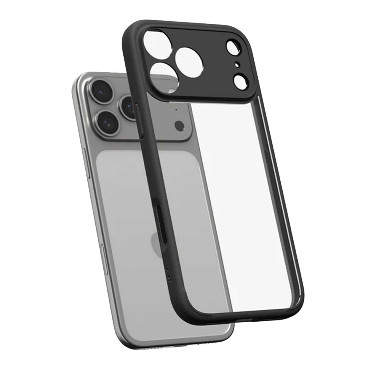 Un téléphone argenté avec une coque noire. La coque est transparente avec un cadre noir. La caméra du téléphone est visible.