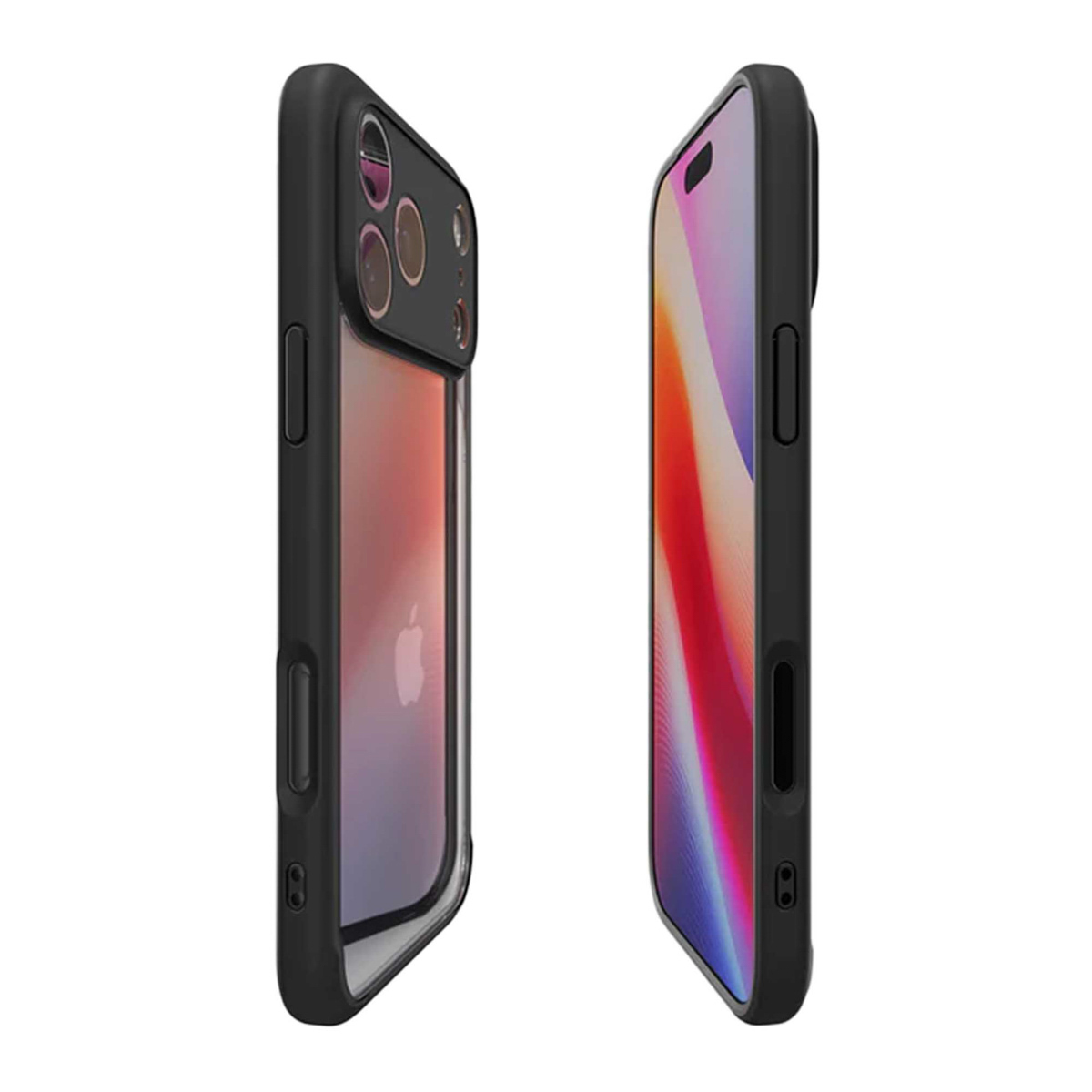 Deux coques noires pour iPhone, vue latérale. Une avec dos transparent, l'autre avec écran coloré. Les deux sur fond blanc.