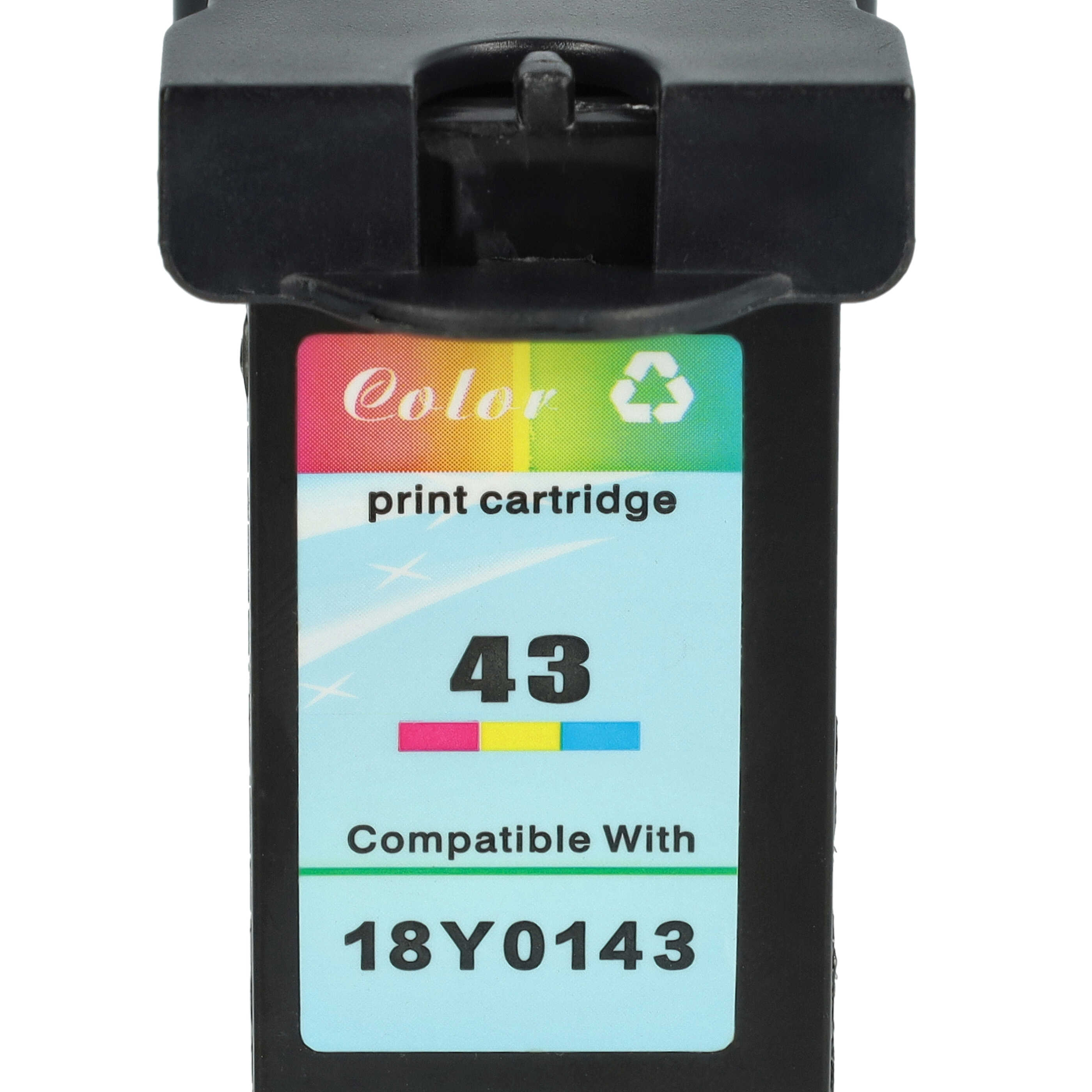 Eine schwarze Druckpatrone mit Text 'Color', 'Druckpatrone', '43' und '18Y0143'. Es hat ein Recycling-Symbol.