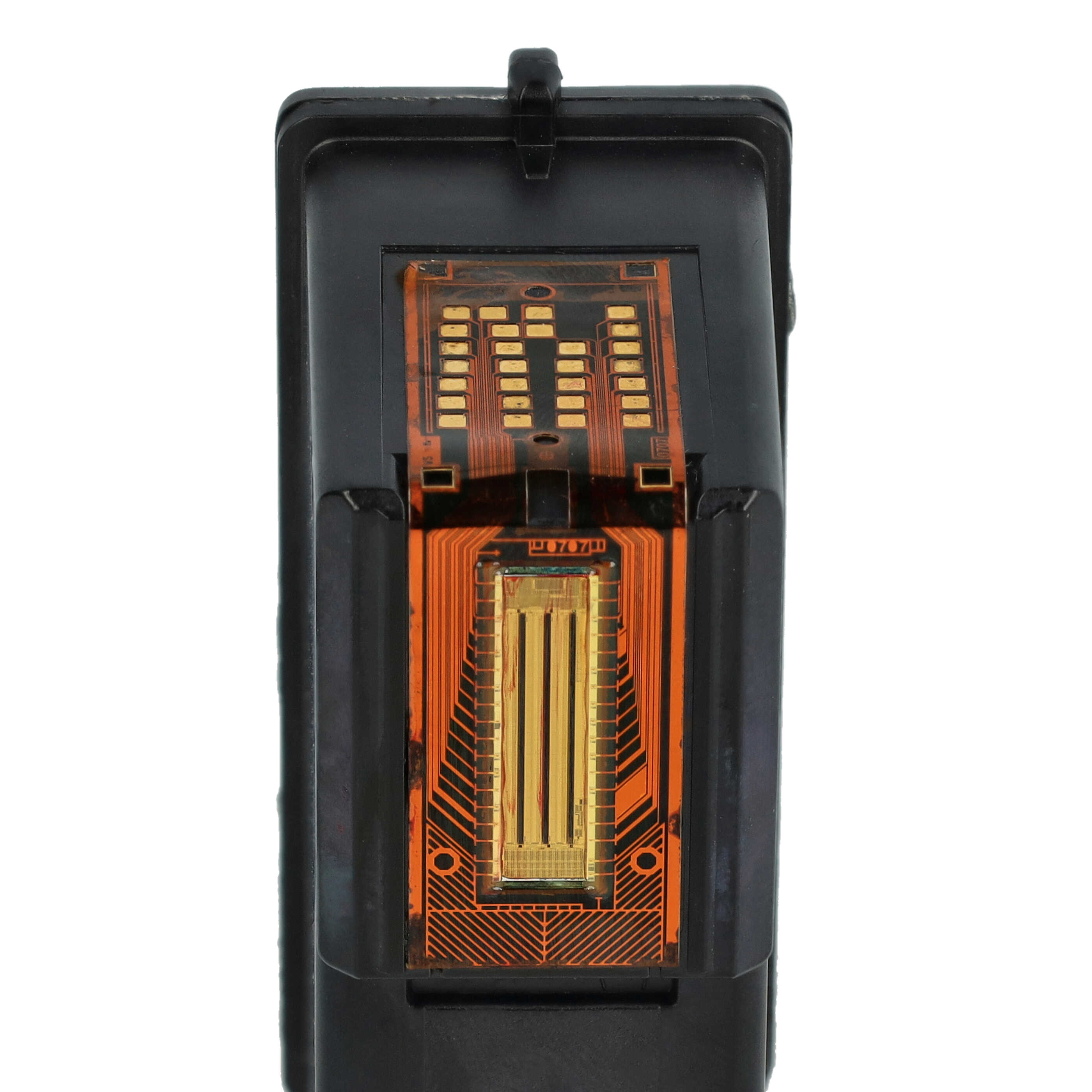 Eine schwarze Druckerpatrone mit kupferfarbener Leiterplatte und sichtbaren Goldanschlüssen.