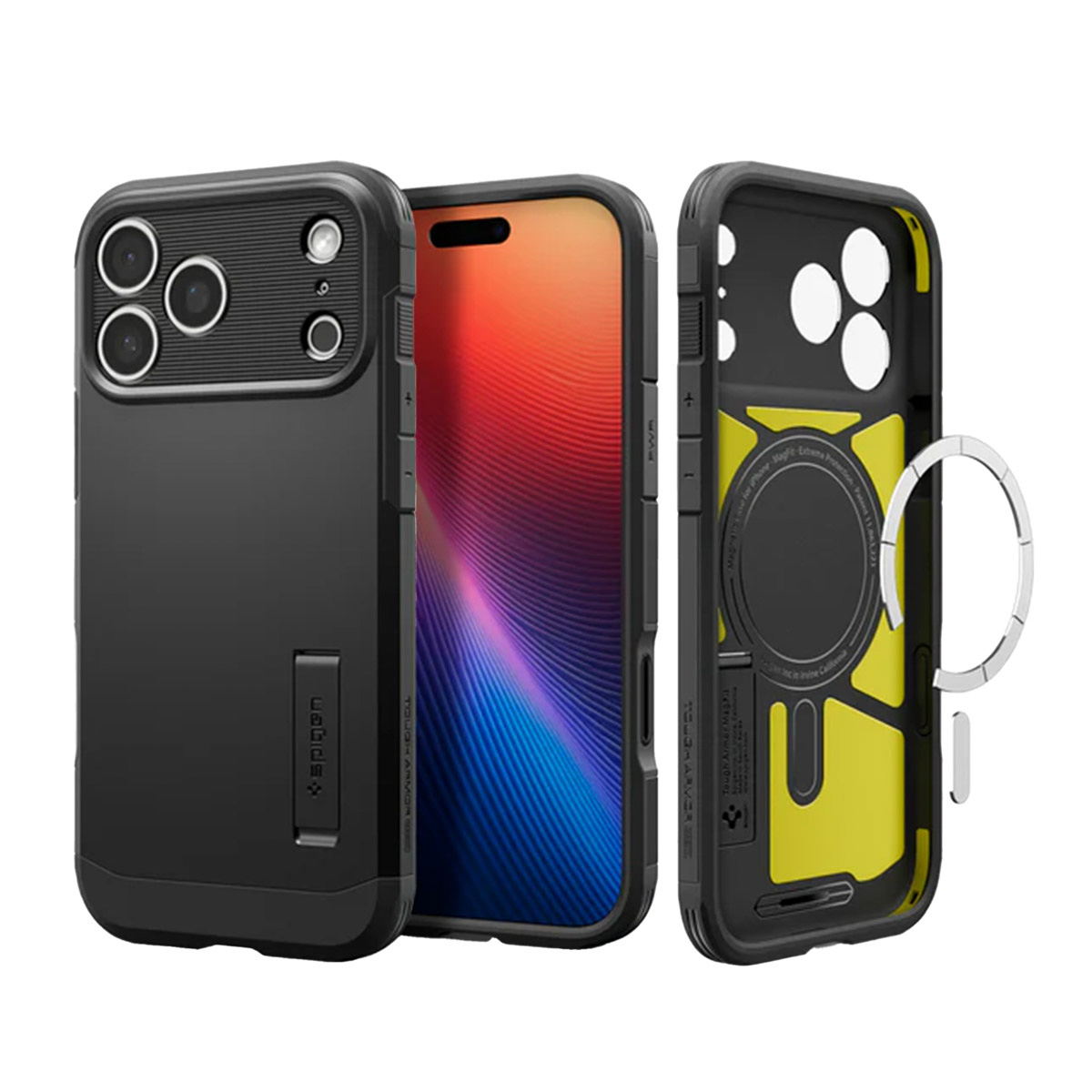 Trois étuis noirs pour téléphone, un avec un téléphone à l'intérieur, affichant un écran coloré. Un étui est démonté, révélant l'intérieur jaune.