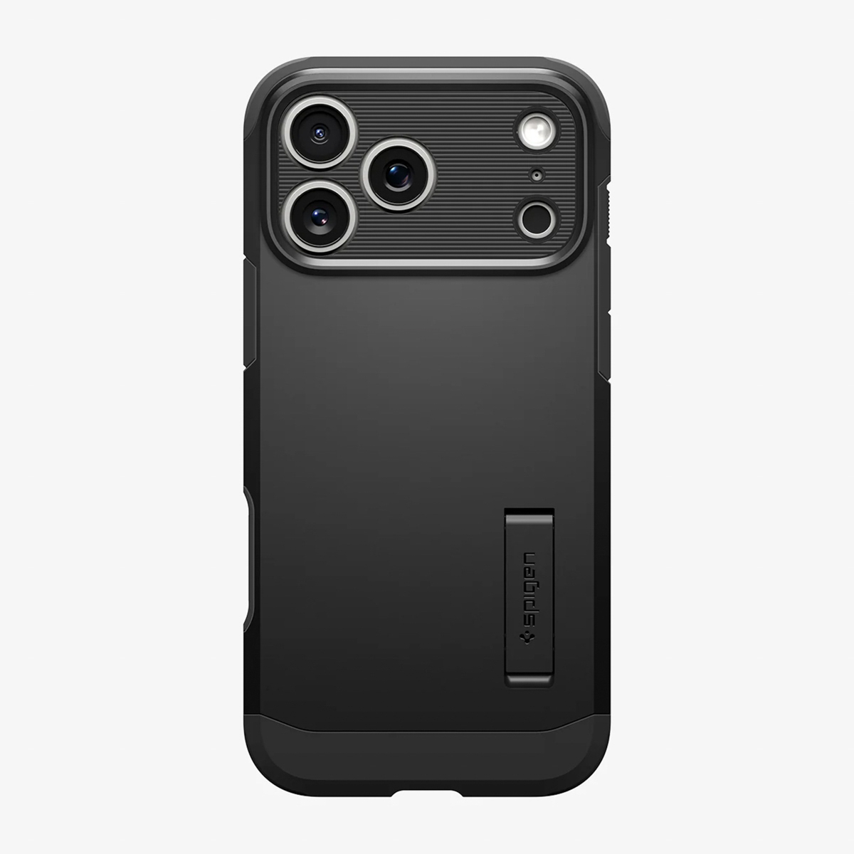 Coque de téléphone noire avec objectifs d'appareil photo et béquille. La coque a un dessus texturé et un dos lisse.