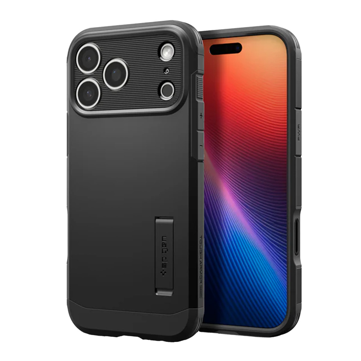 Coque et téléphone noirs. La coque a des découpes pour la caméra, des boutons et un support. L'écran du téléphone affiche un motif abstrait coloré.