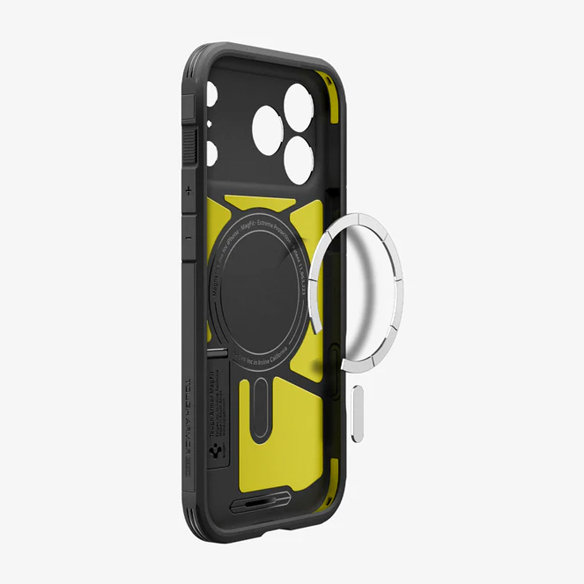 Coque de téléphone noire et jaune avec une bague magnétique. L'étui est ouvert, montrant l'intérieur. Fond blanc.