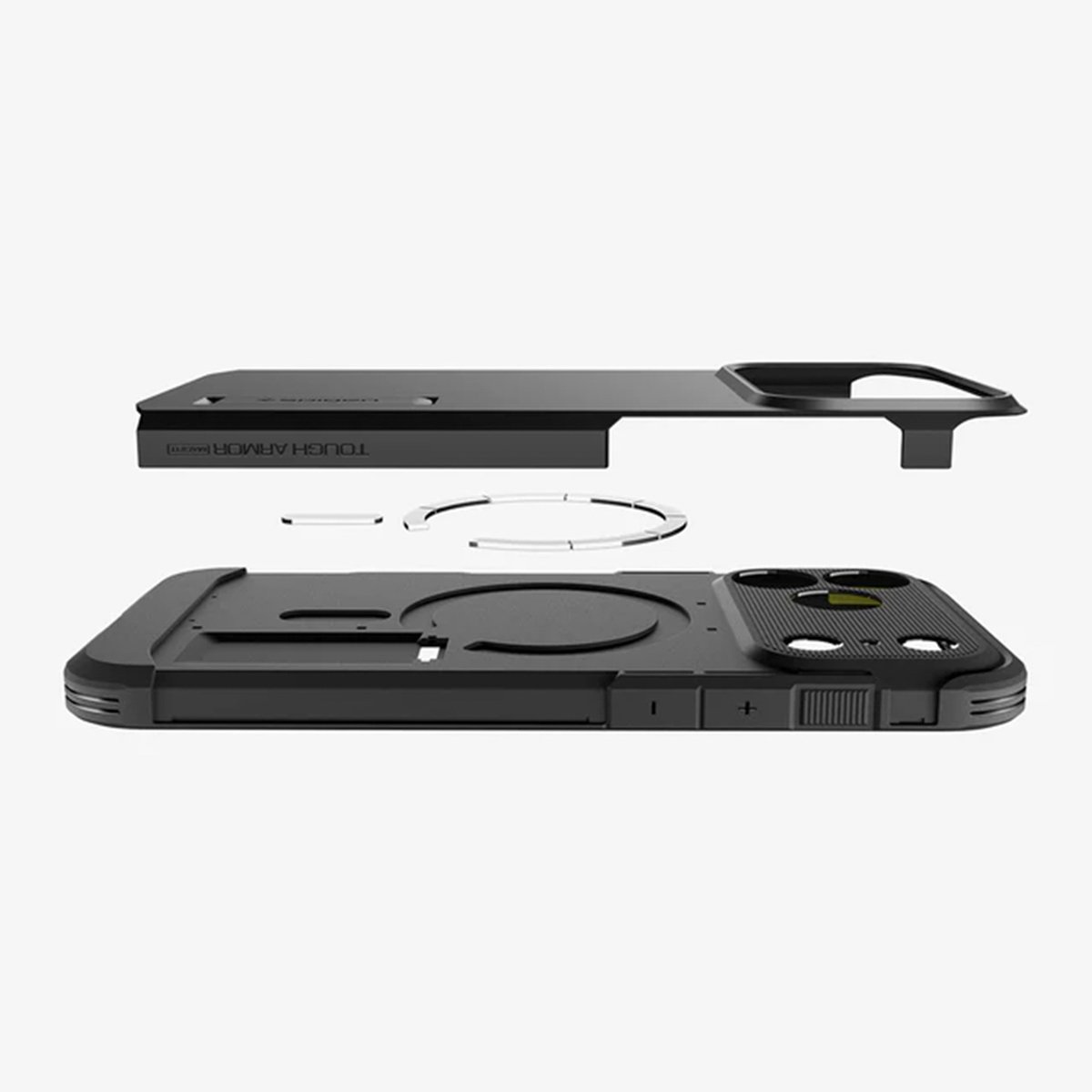 Composants de coque de téléphone noirs démontés. Comprend le dessus, l'anneau central et le bas. 'TOUGH ARMOR' est visible sur le dessus.