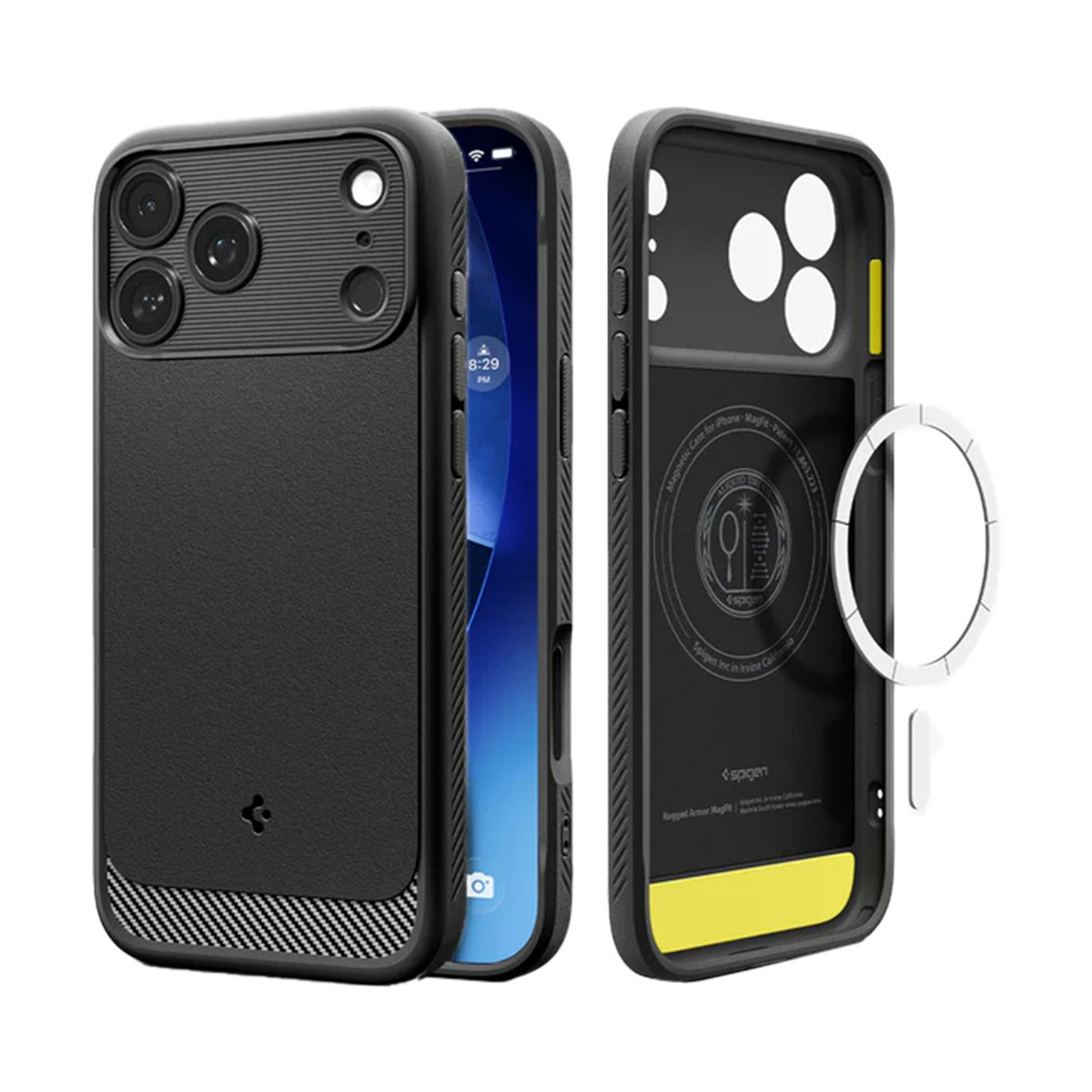 Zwarte iPhone-hoes met telefoon erin, toont drie hoesjes. Eén hoesje is open, met een gele accent.