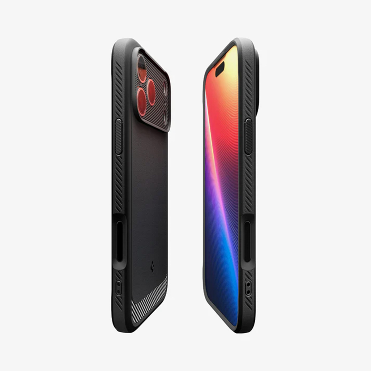 Twee zwarte smartphones naast elkaar, die hun details laten zien. Eén toont de camera, de andere, het scherm met een kleurrijk behang.