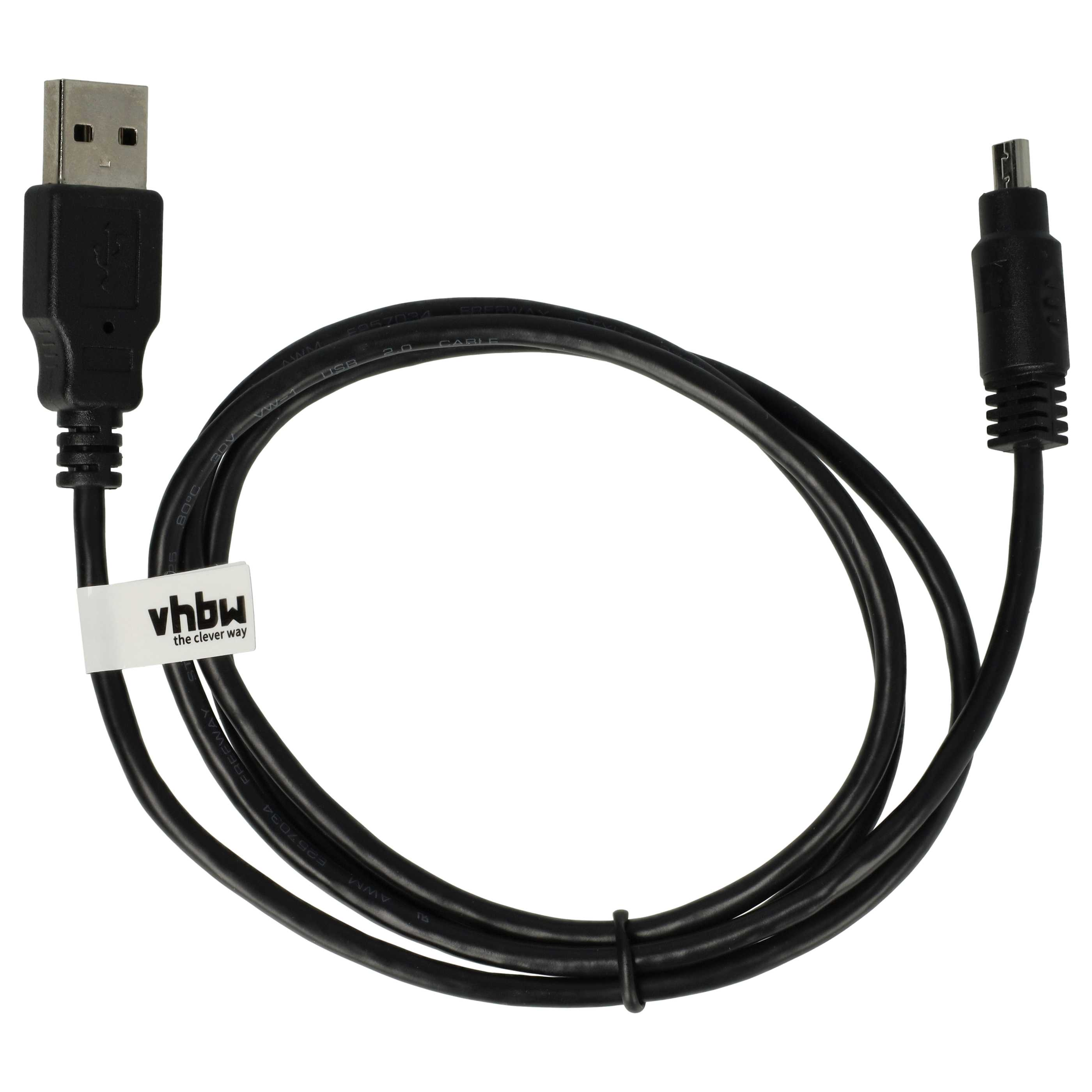 Ein schwarzes USB-Kabel mit einem USB-A-Anschluss und einem Micro-USB-Anschluss auf weißem Hintergrund.
