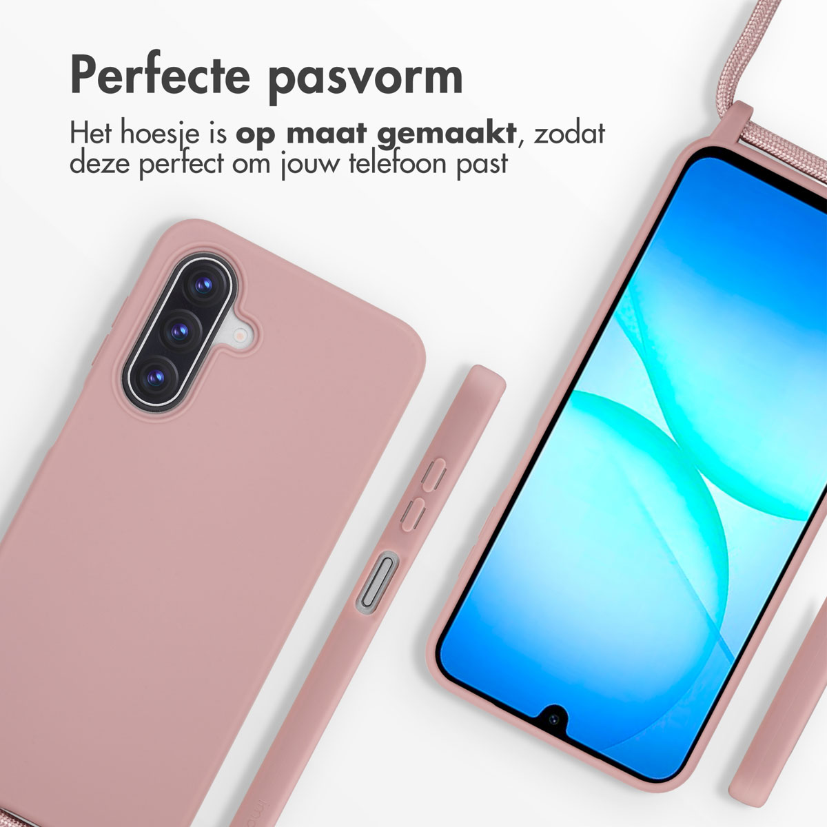 Pink phone case and phone with blue screen, plus matching accessories, lying on a white surface. Text at the top states 'Perfect Fit'.