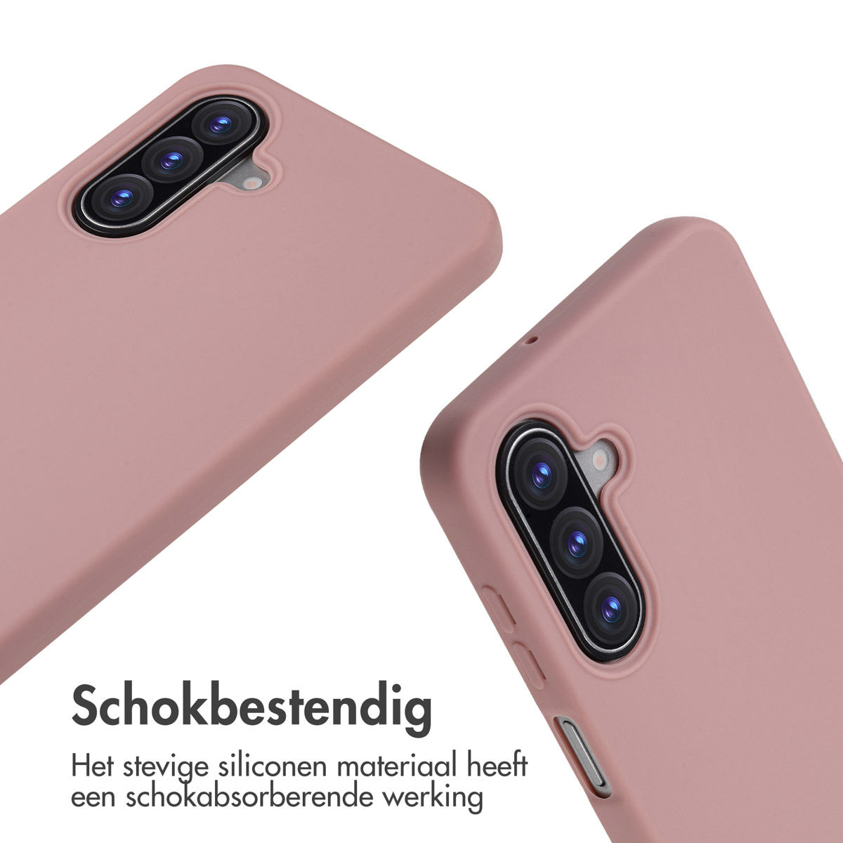 Two pink phone cases. One shows the camera lenses, the other is slightly out of focus. Text at the bottom in Dutch.