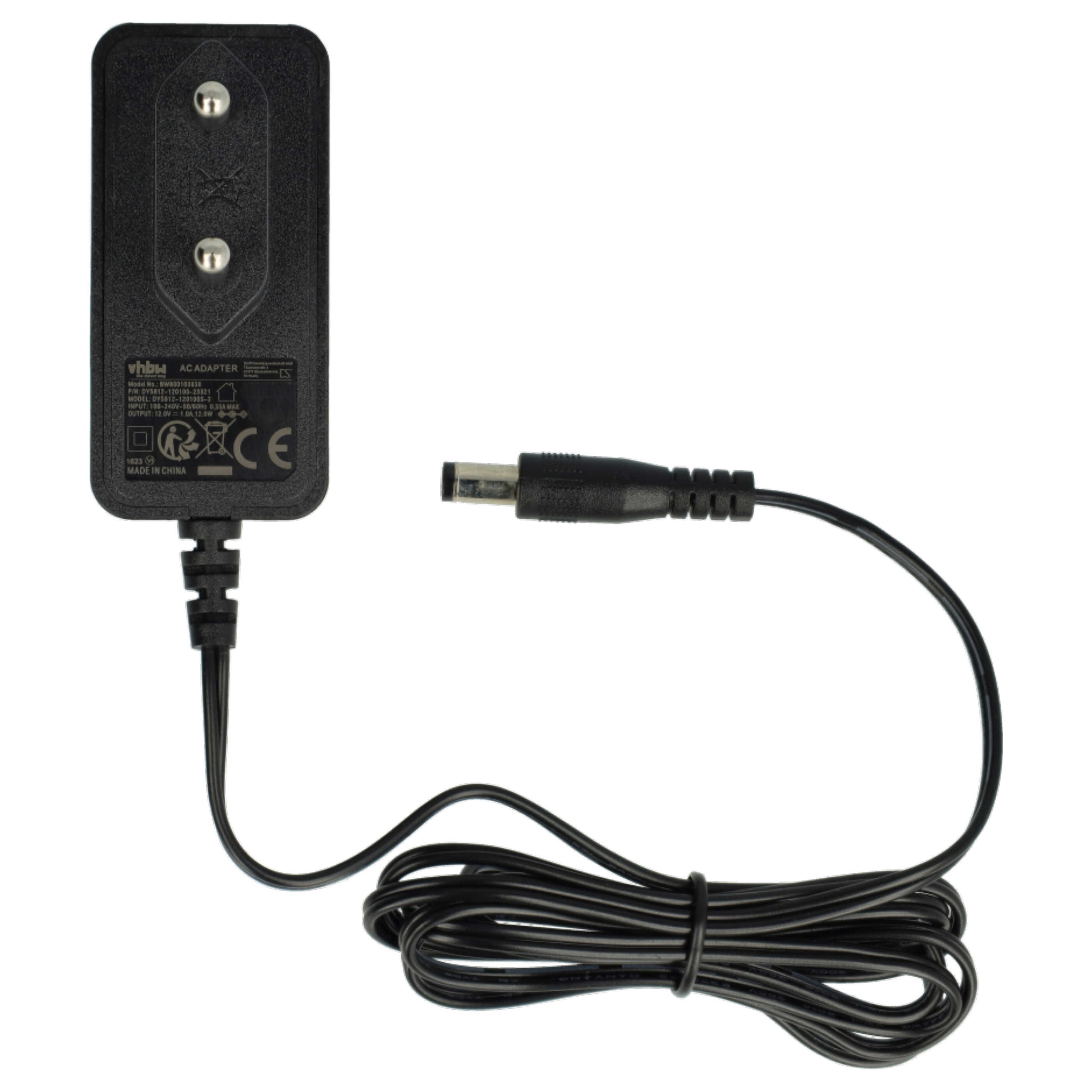 Ein schwarzes AC-Adapter mit Stecker, DC-Anschluss und schwarzem Kabel.