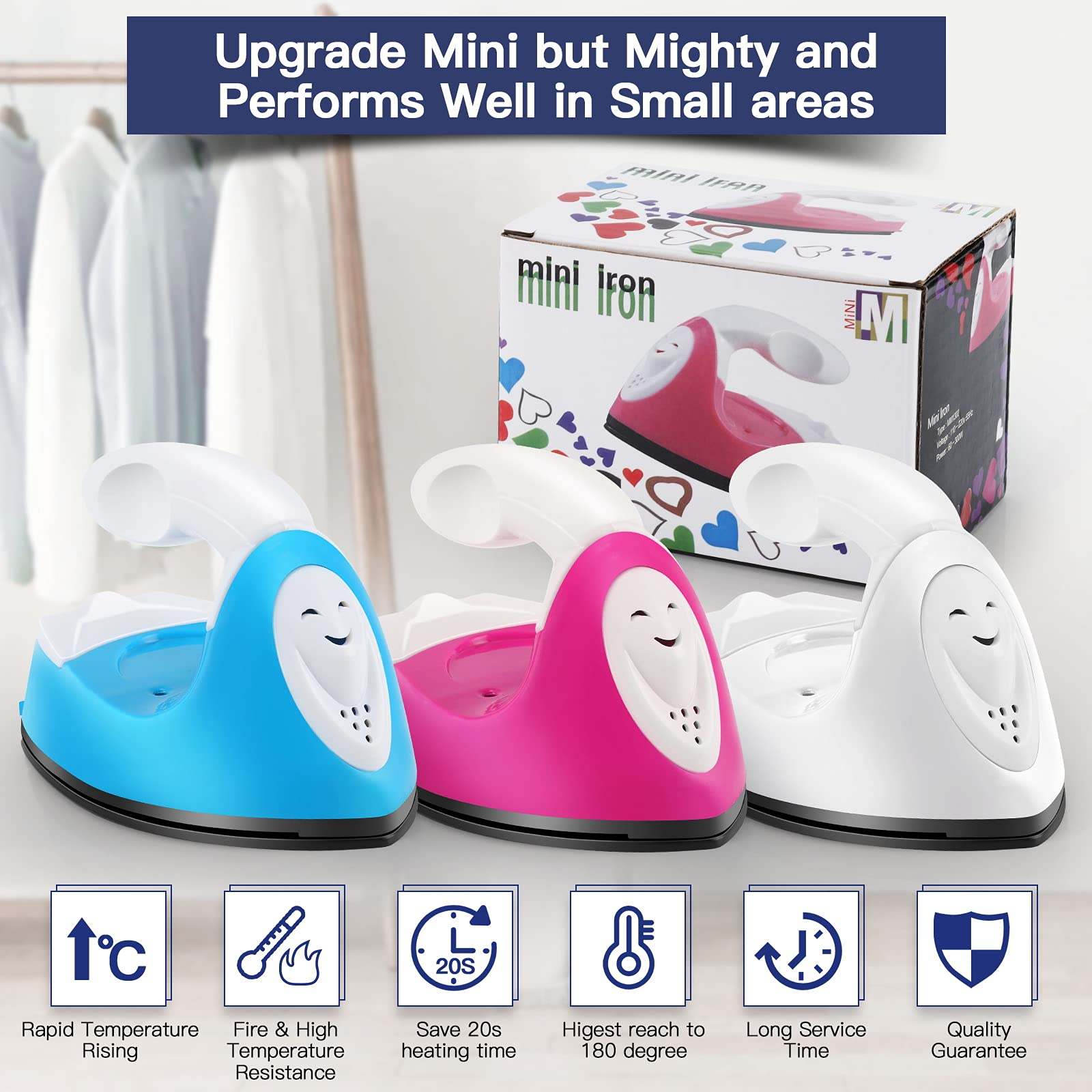 Drei Mini-Bügeleisen, blau, rosa und weiß, mit einer Schachtel mit der Aufschrift 'Mini-Bügeleisen'. Symbole zeigen Funktionen wie schnelles Aufheizen.