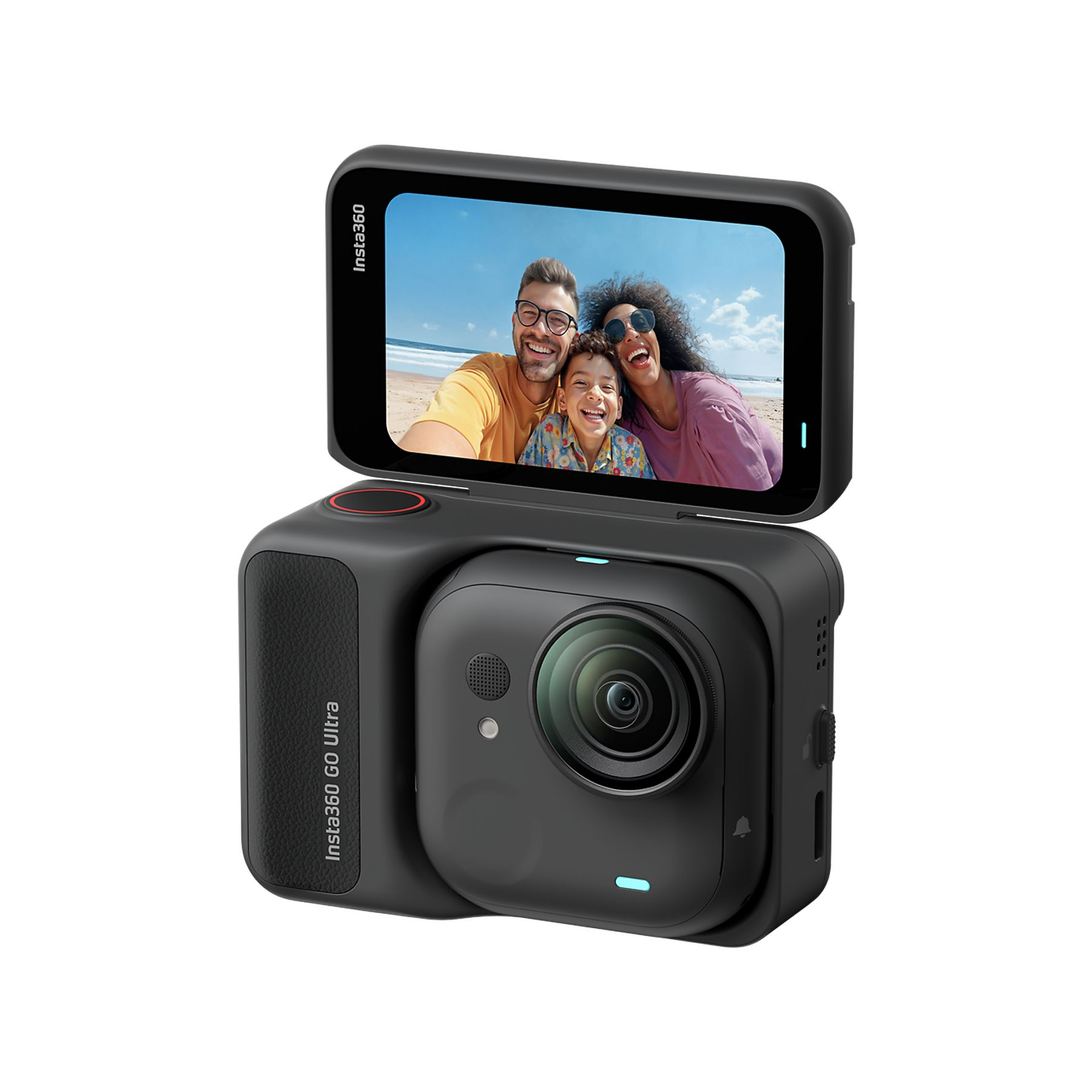 Schwarze Insta360 Go Ultra Kamera, die auf einem Bildschirm eine lächelnde Familie zeigt. Die Kamera hat einen Bildschirm und ein Objektiv.