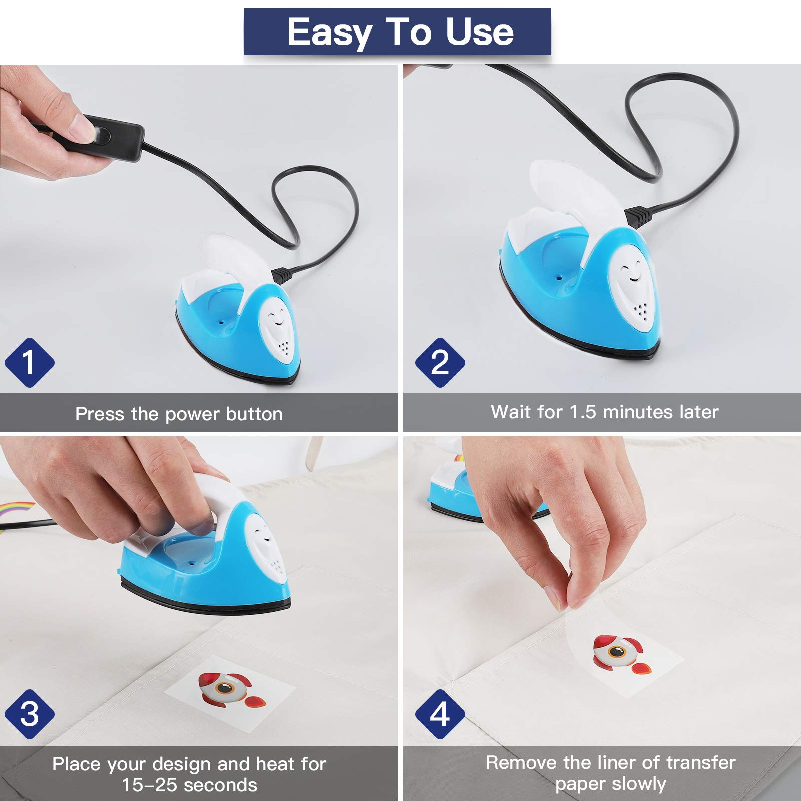 Eine Schritt-für-Schritt-Anleitung zeigt, wie man ein kleines blaues Bügeleisen benutzt und ein Design auf Stoff aufträgt. Schritte umfassen Drücken und Entfernen.