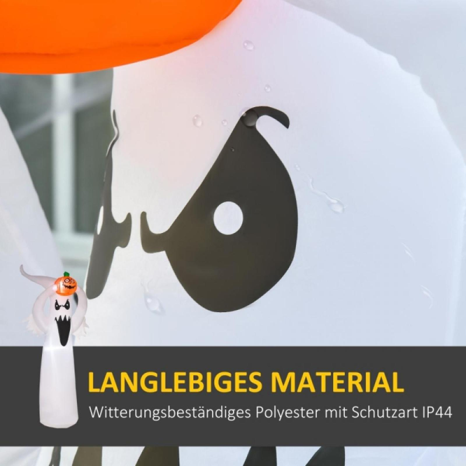 Aufblasbarer Geist mit Kürbishut. Weißer Körper mit schwarzen Augen und Mund. Oranger Schal. Text unten: Langlebiges Material.