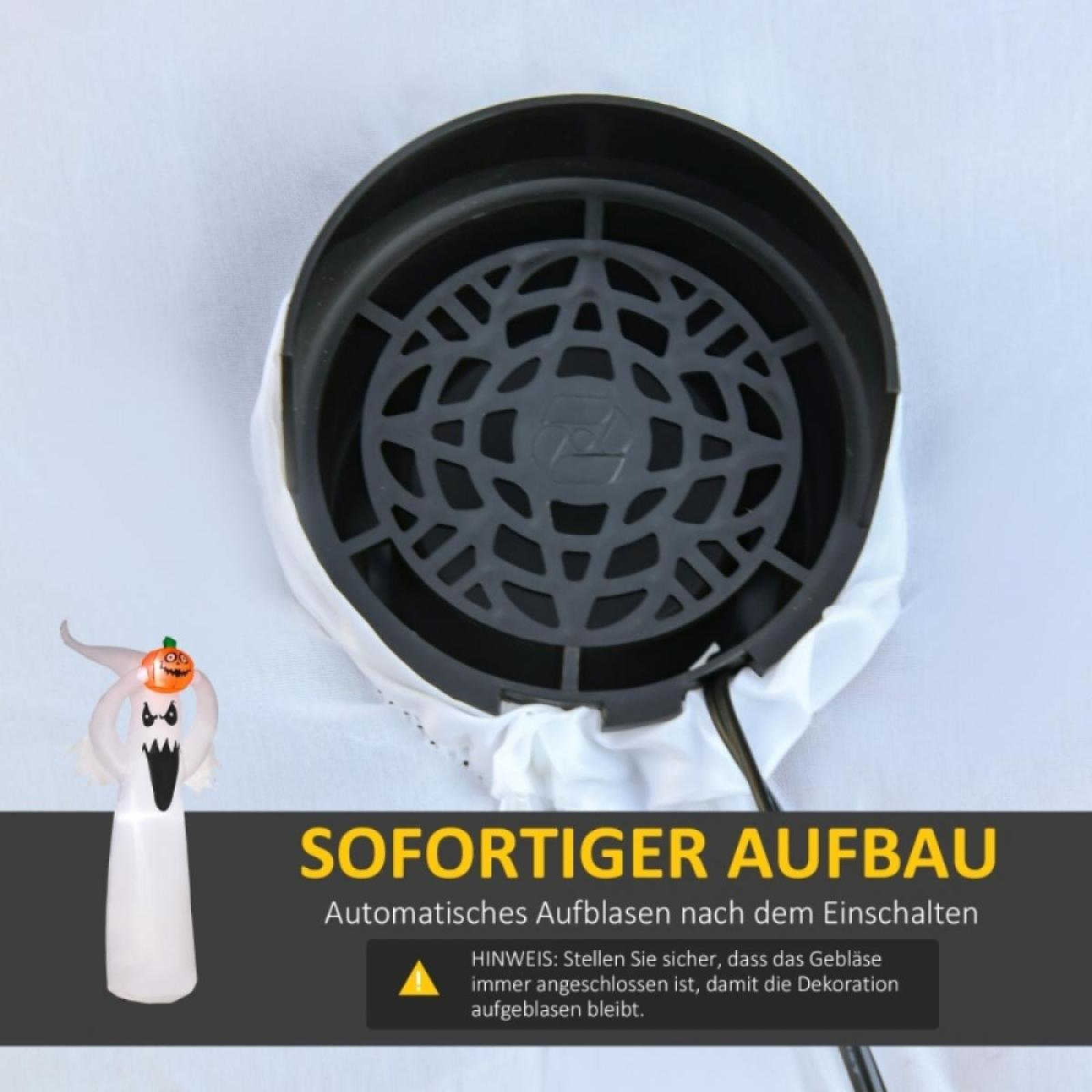Das Bild zeigt einen Geist mit Kürbiskopf, einen schwarzen Ventilator und Text auf Deutsch über den Aufbau.