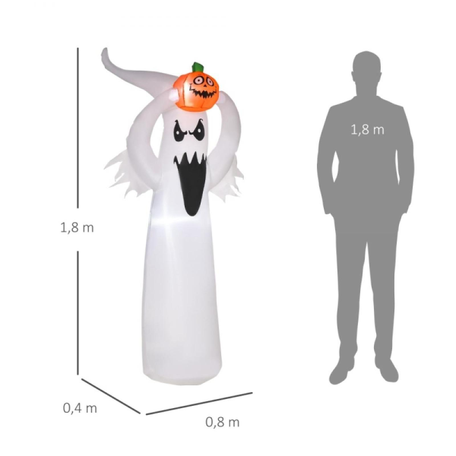 Ein aufblasbarer weißer Geist mit einem Kürbis auf dem Kopf und eine Personensilhouette. Abmessungen sind angegeben.