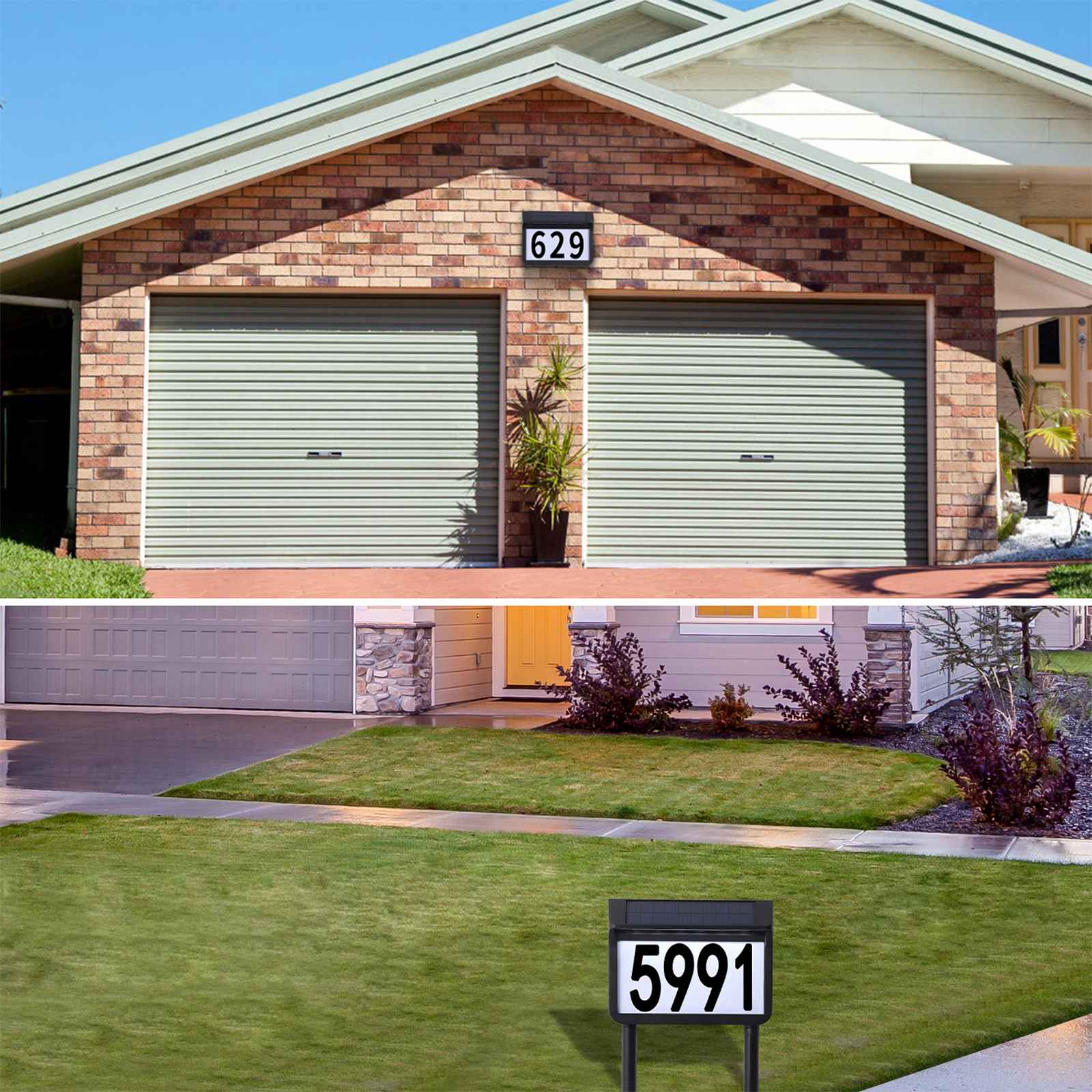 Ein zweistöckiges Haus mit Backsteinfassade und grünen Garagentoren sowie einem grünen Rasen und einem Schild mit der Nummer 5991.
