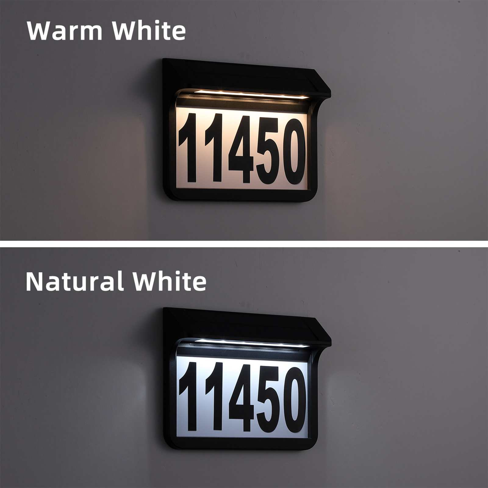 Zwei beleuchtete Hausnummernschilder. Die obere zeigt warmweißes Licht, die untere naturweißes Licht, beide mit der Nummer 11450.