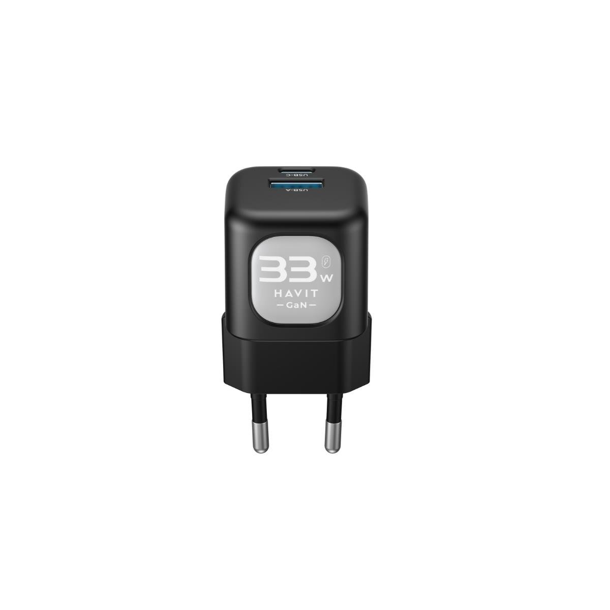 Siyah bir Havit USB-C şarj cihazı. Elektrik prizleri için iki pini var. Şarj cihazı '33W' ve 'GaN' gösteriyor.