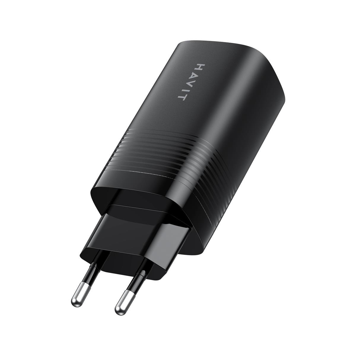 Wyświetlany jest czarny ładowarka ścienna Havit z dwoma bolcami. Ładowarka ma prostokątny kształt z zaokrąglonymi krawędziami i logo Havit.