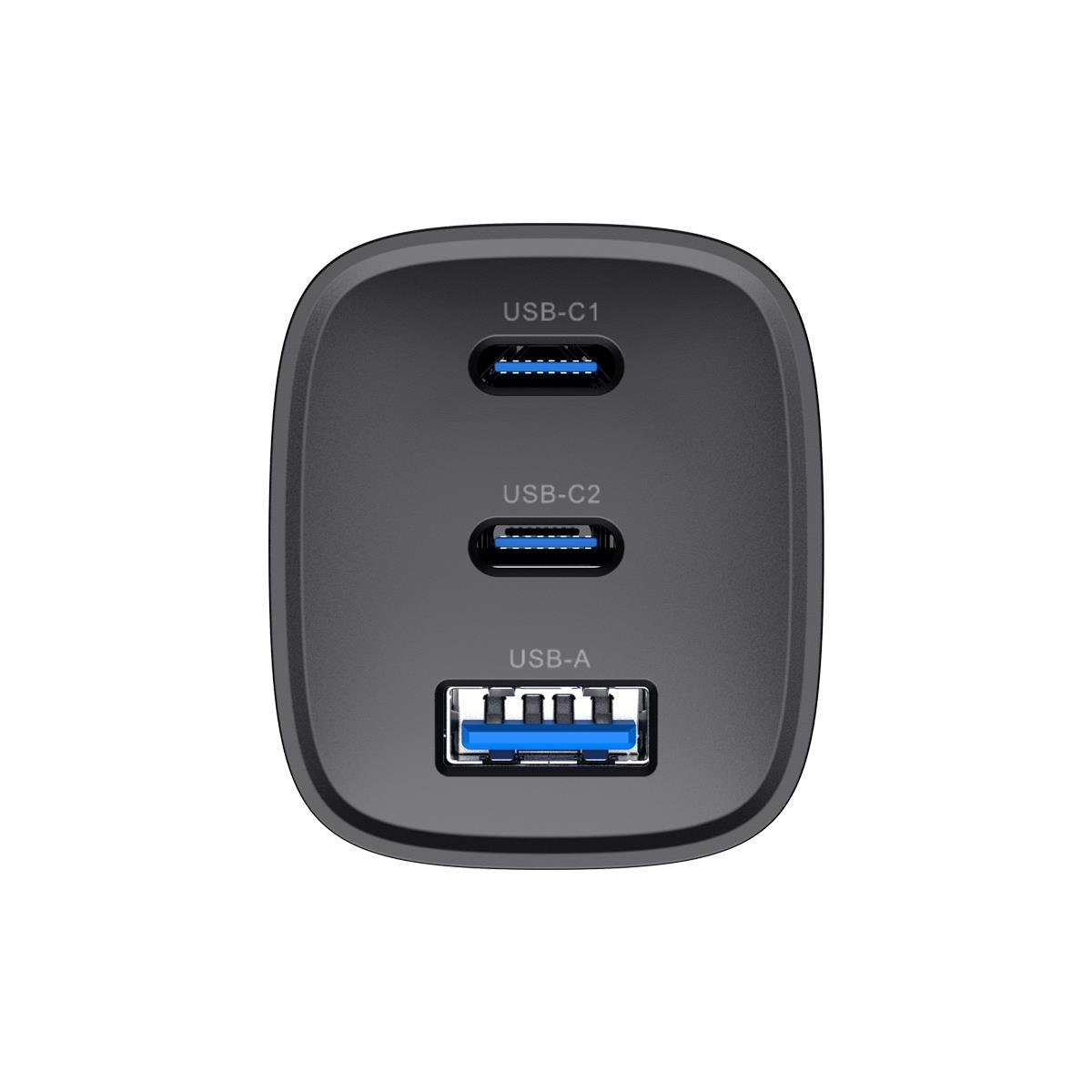 Ciemnoszara ładowarka USB z trzema portami: USB-C1, USB-C2 i USB-A, wszystkie oznaczone. Tło jest białe.