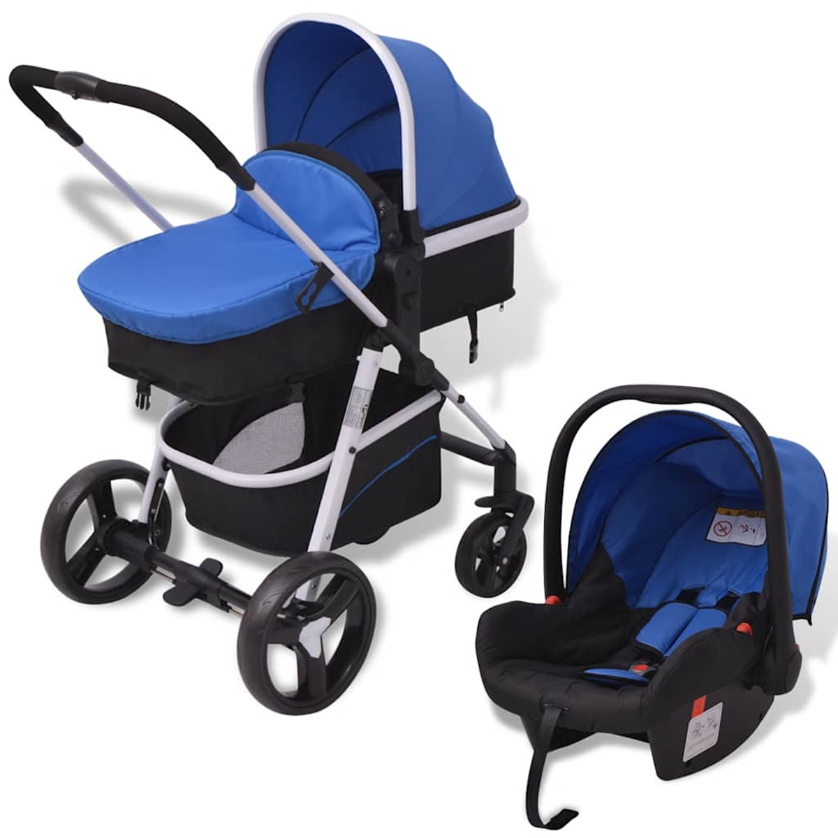 Ein blau-schwarzes Kinderwagen- und Autositz-Set. Der Kinderwagen hat vier Räder. Der Autositz ist rechts.