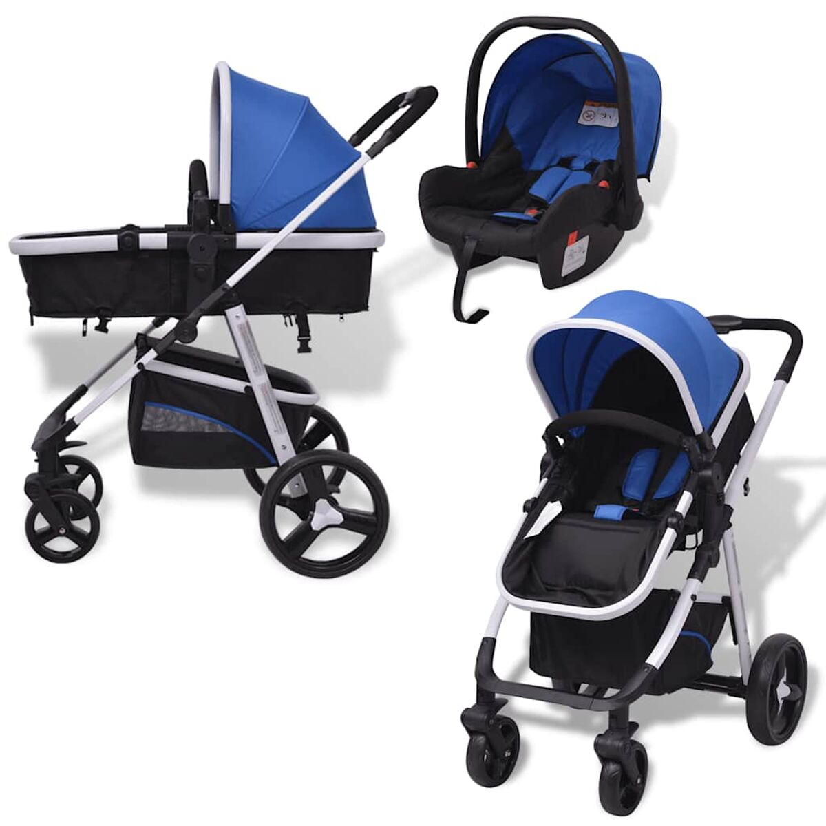 Ein Baby-Reisesystem-Set umfasst einen Kinderwagen, einen Autositz und eine Babywanne, alles in Blau und Schwarz.