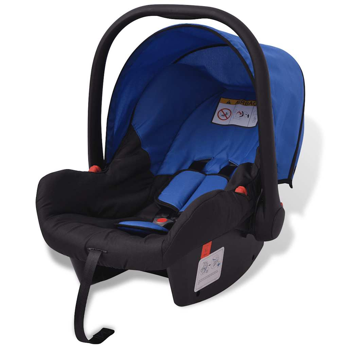 Ein blau-schwarzer Babysitz mit schwarzem Griff. Er hat Sicherheitsgurte und ein Airbag-Warnschild.