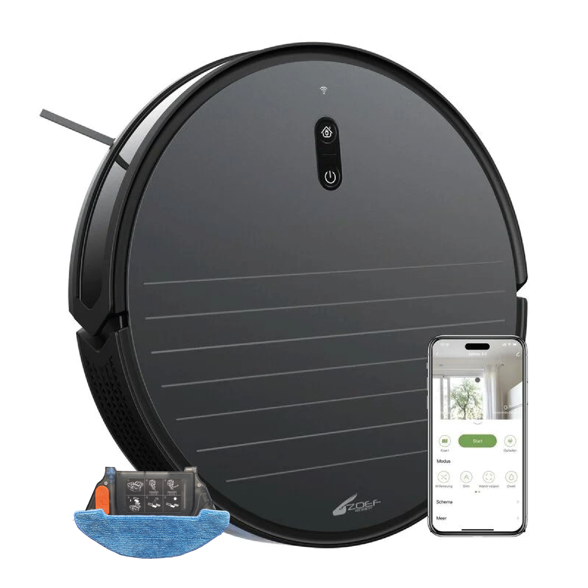 A black robotic vacuum cleaner with a smartphone showing its interface, and a cleaning pad.
