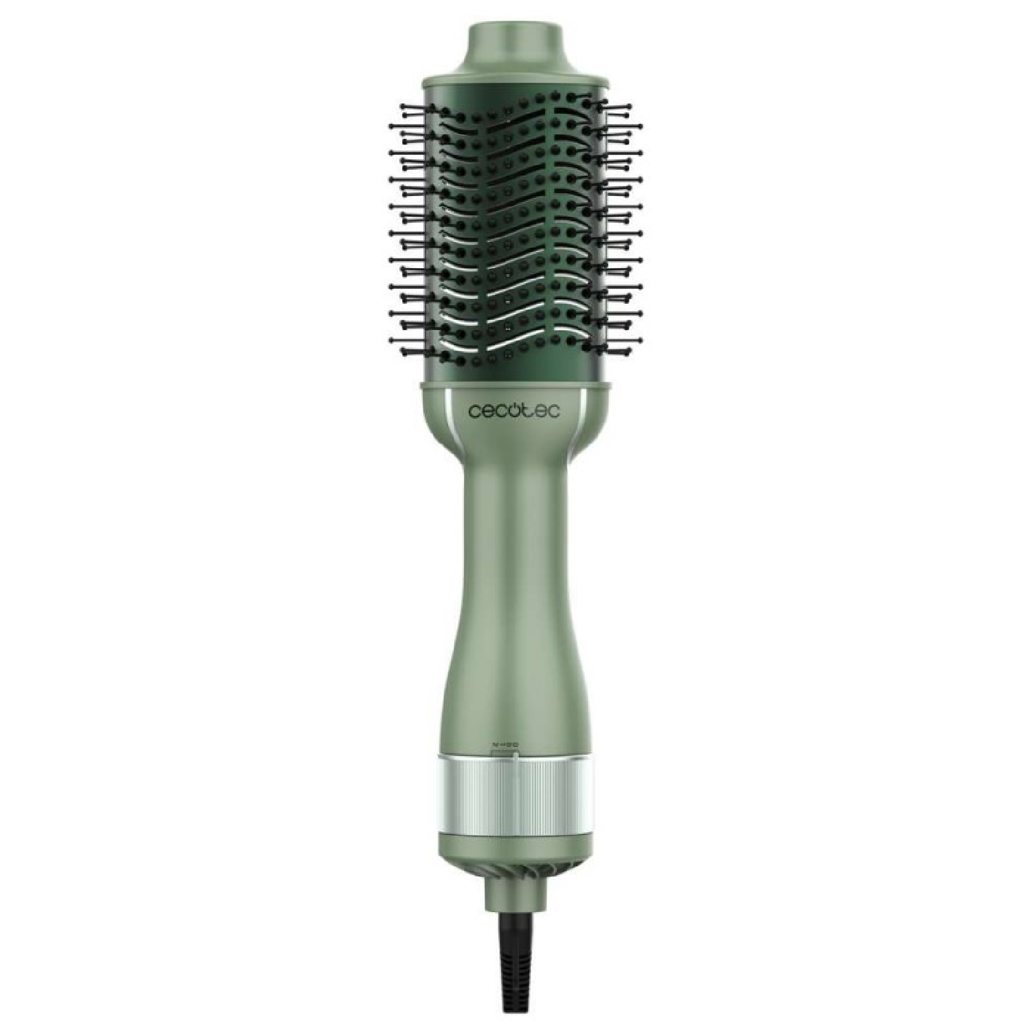 Una spazzola verde per capelli. La testina è cilindrica con setole nere. Il manico è anch'esso verde con dettagli argentati.