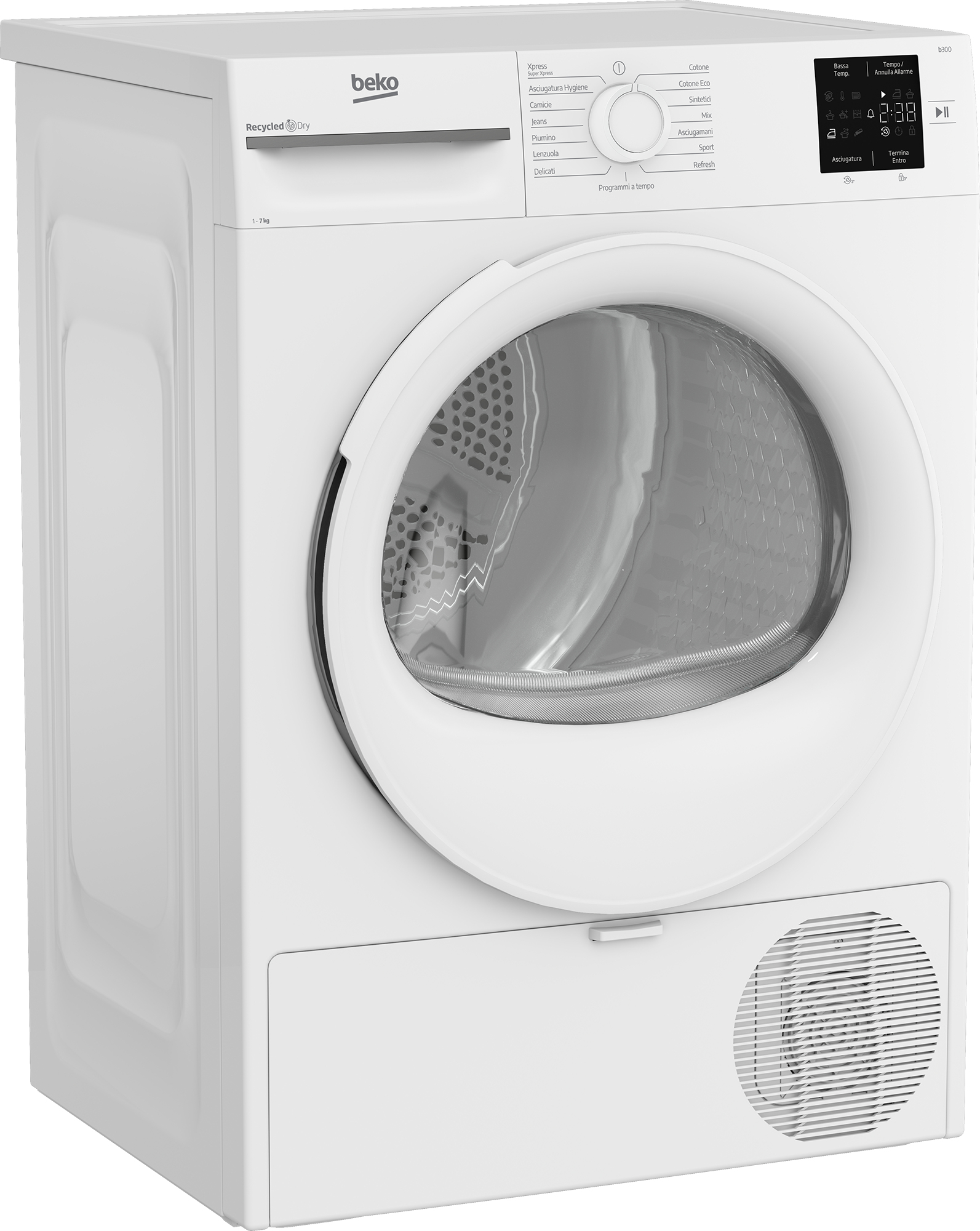 Un'asciugatrice Beko bianca con porta rotonda. Ha un pannello di controllo con opzioni e un display digitale con l'ora.