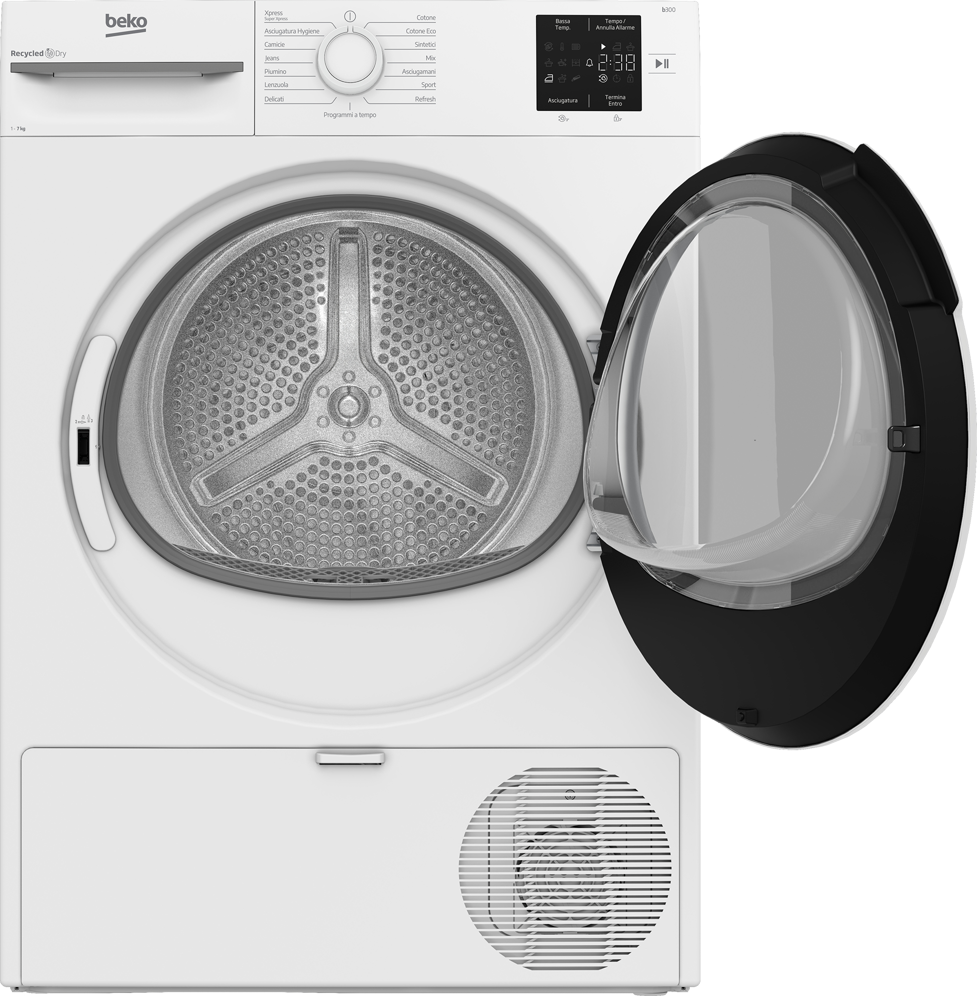 Un'asciugatrice Beko bianca con la porta aperta. Ha un display digitale che mostra tempo e impostazioni.