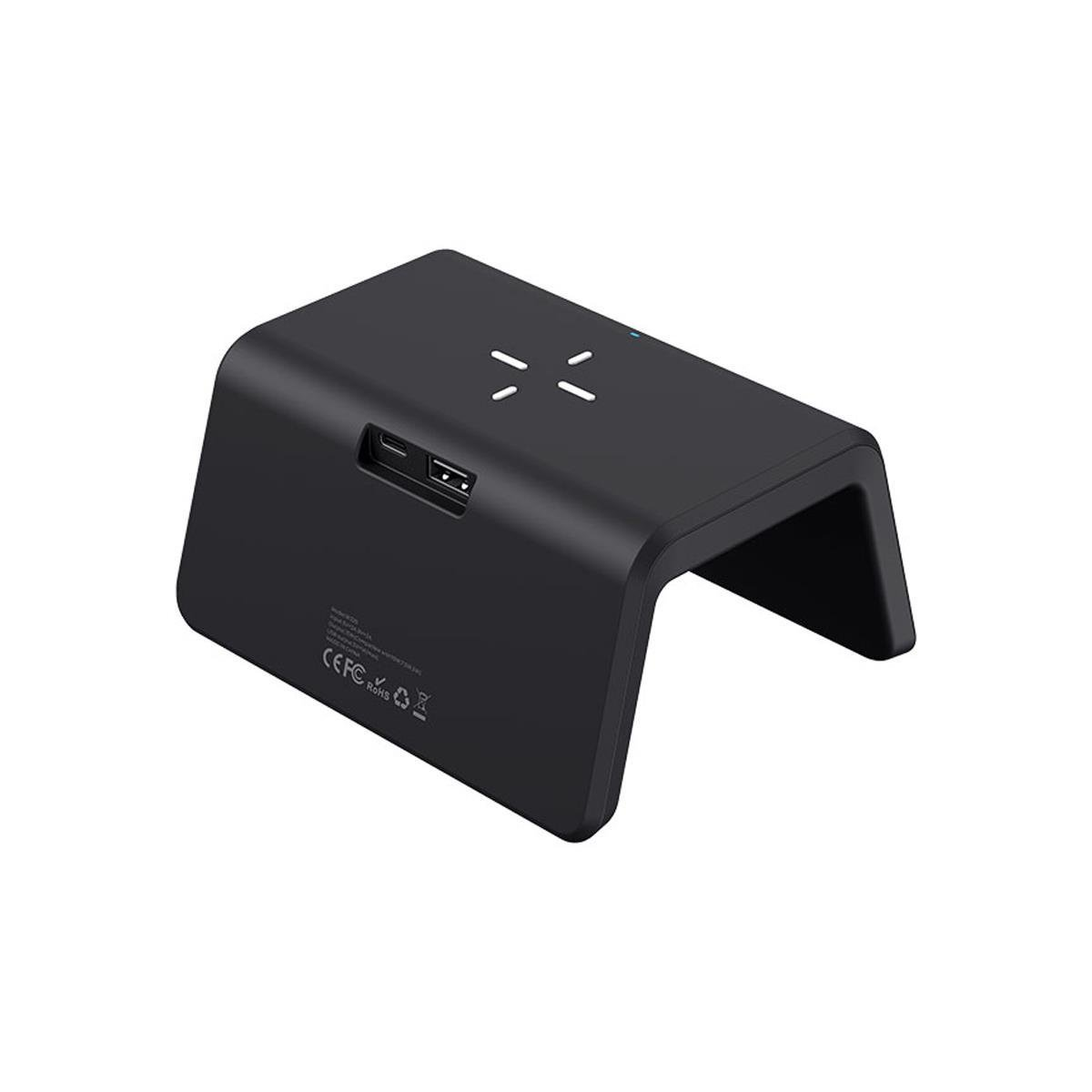 Czarna ładowarka bezprzewodowa z portami USB. Ma zakrzywioną konstrukcję i biały symbol na górze. Tło jest białe.