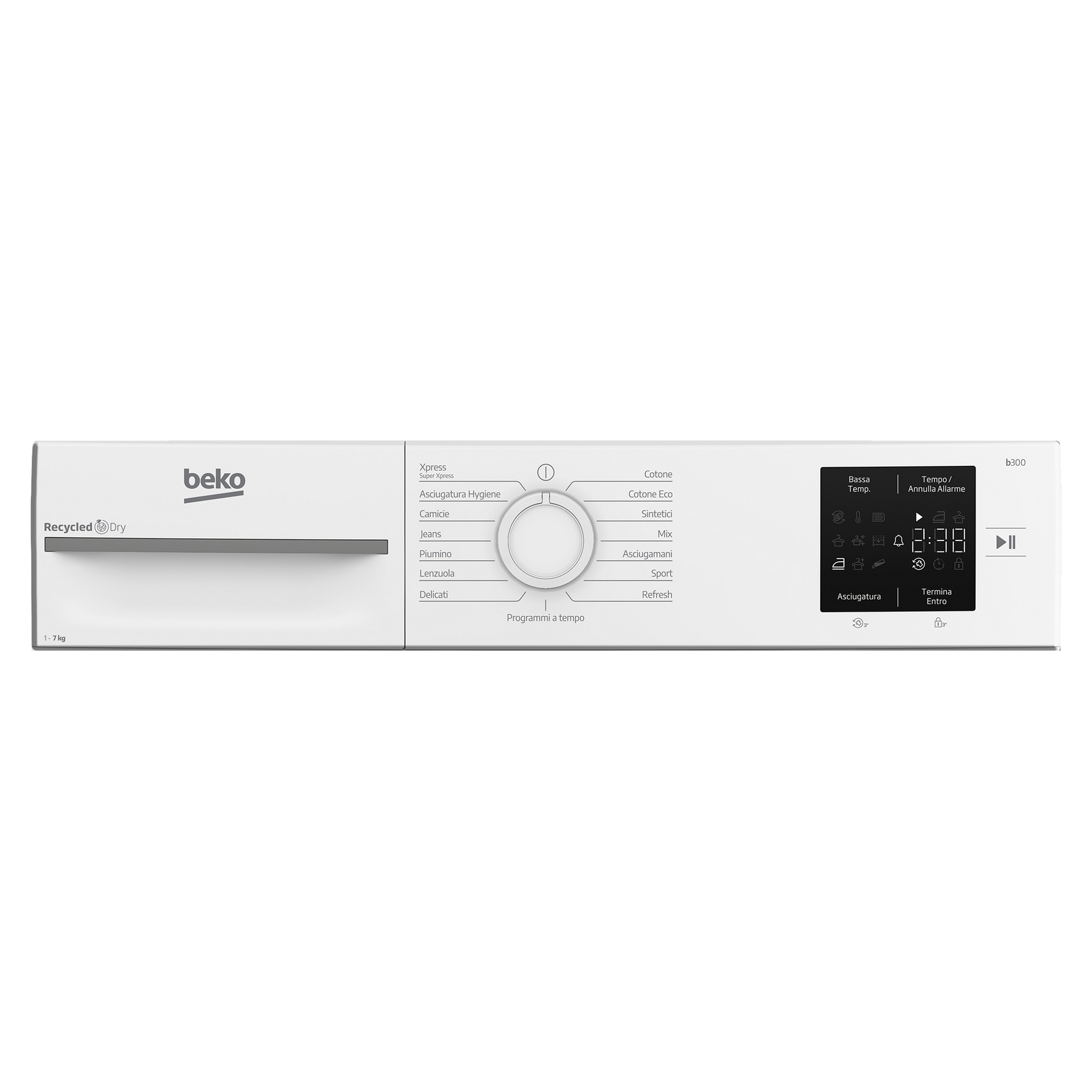 Asciugatrice Beko bianca con programmi e display digitale. Pulsanti per diverse modalità di asciugatura.