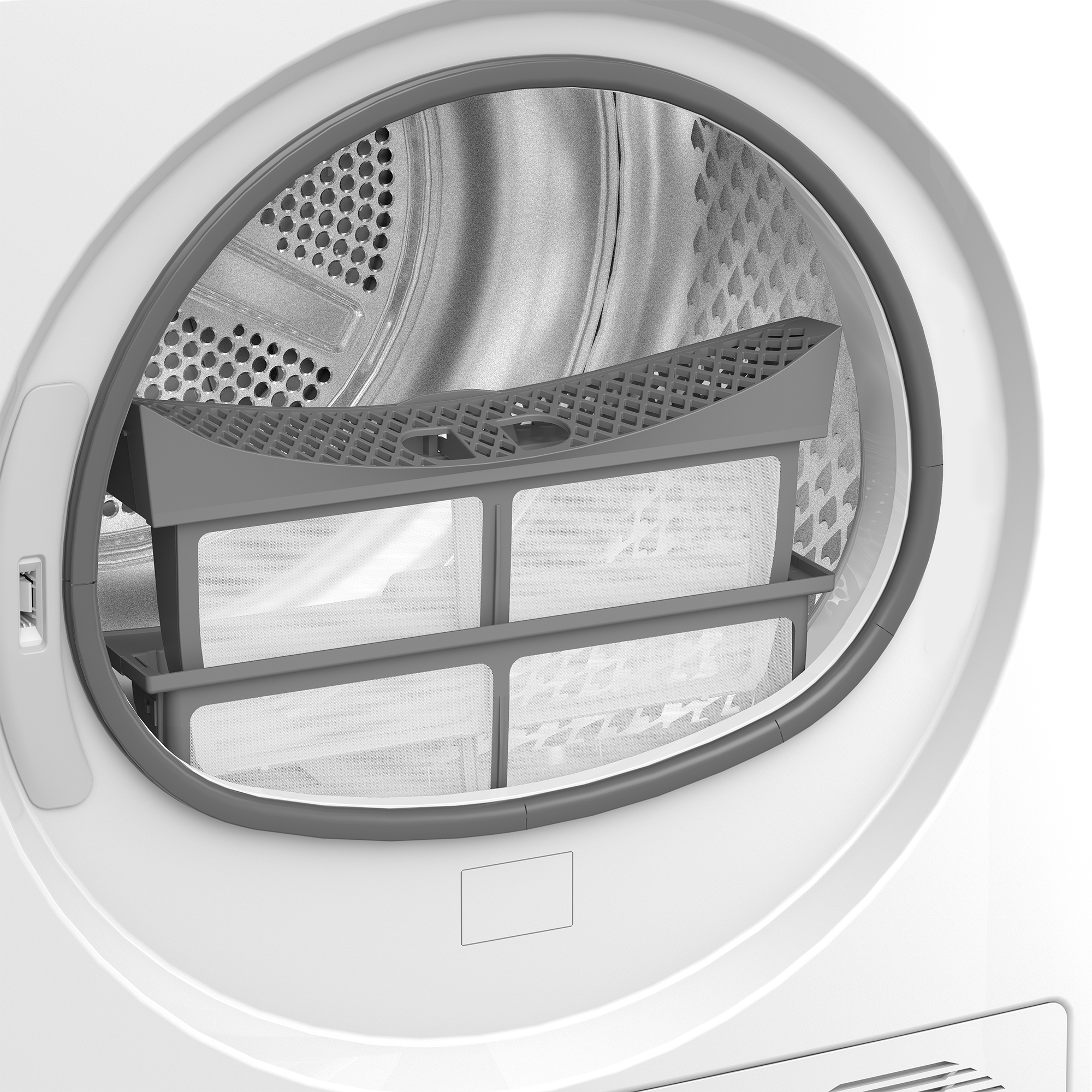 Primo piano della porta dell'asciugatrice. Sono visibili i filtri, il telaio grigio e il tamburo interno. La porta è bianca con guarnizione grigia.