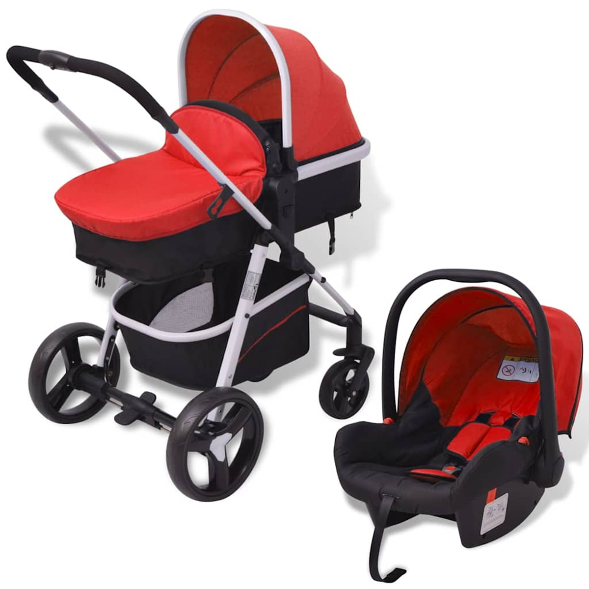 Ein roter und schwarzer Kinderwagen mit passendem Autositz. Der Kinderwagen hat vier Räder und einen Ablagekorb. Der Autositz hat einen Griff.