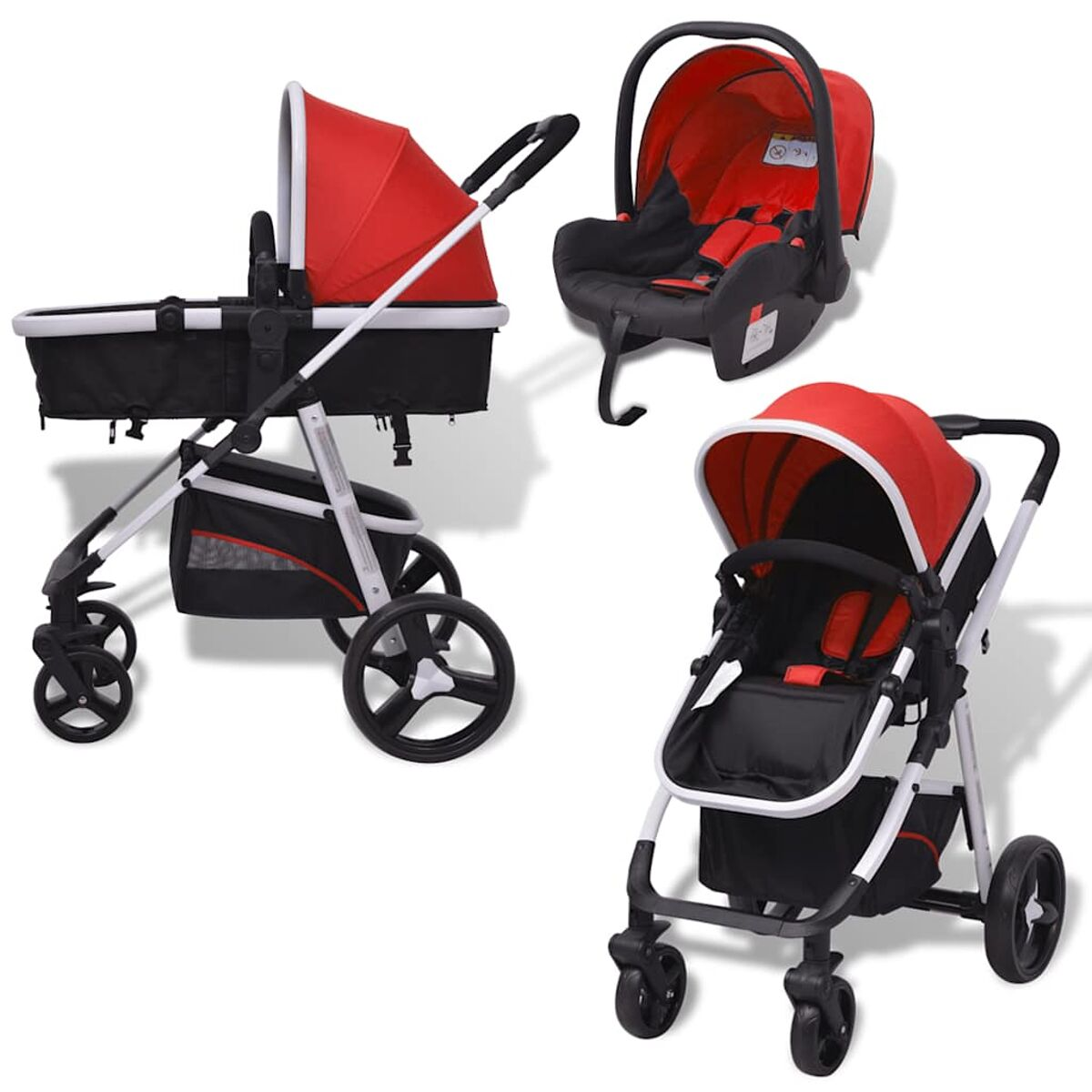 Drei Baby-Kinderwagen und ein Autositz. Rote und schwarze Verdecke und Sitze mit weißen und schwarzen Rahmen. Räder sind schwarz.