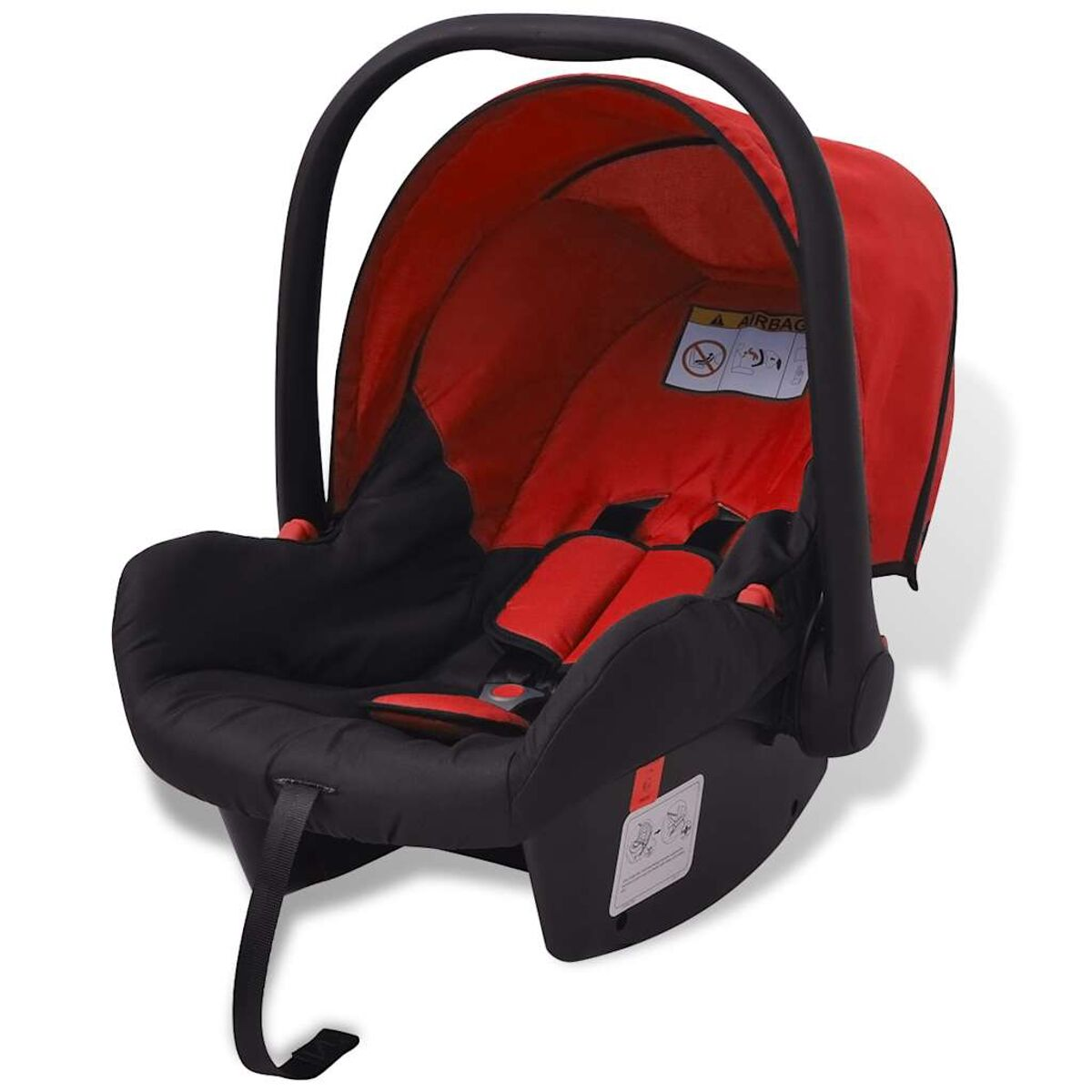 Ein schwarzer und roter Babysitz. Der Sitz hat einen Griff und Sicherheitsgurte. Der Sitz befindet sich auf weißem Hintergrund.