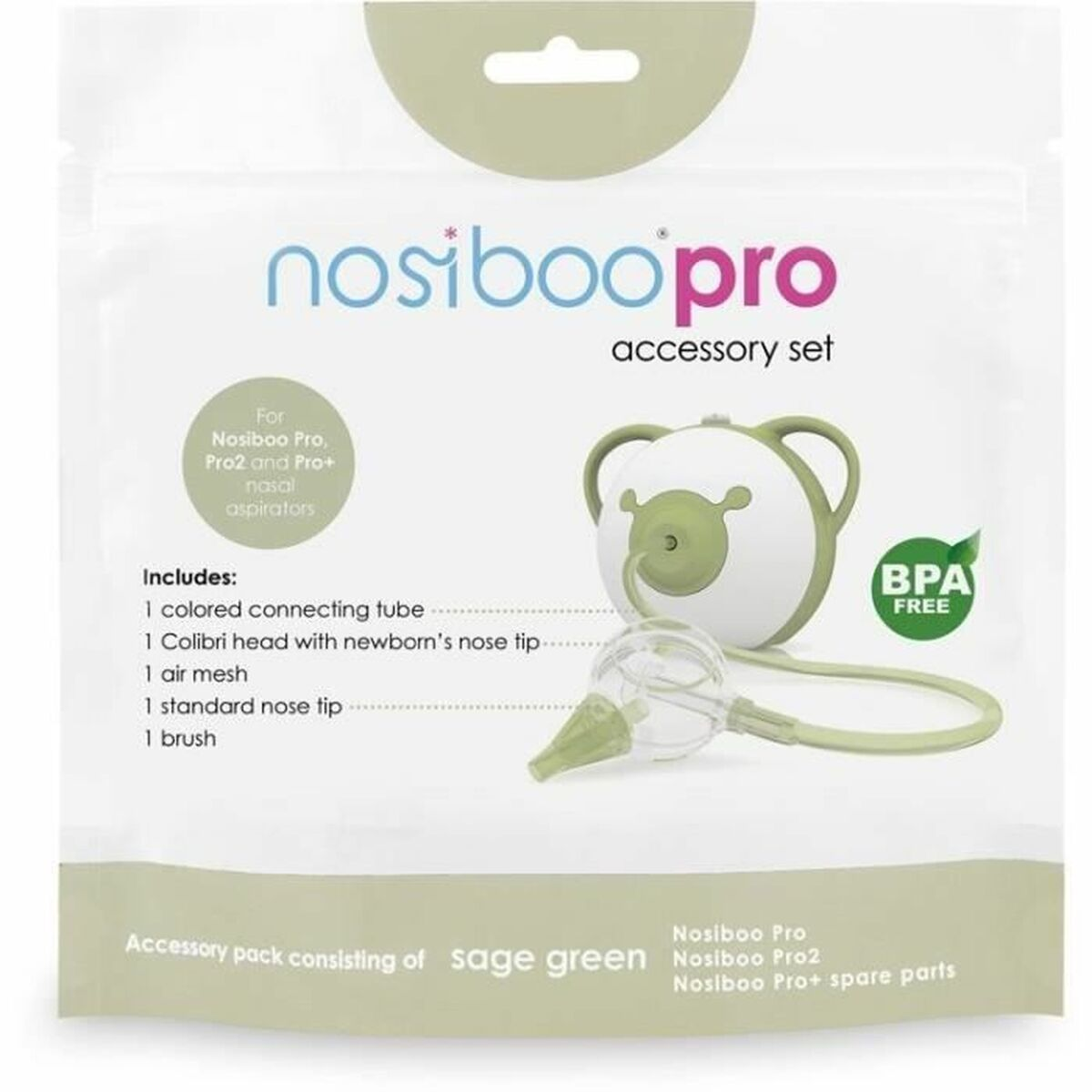 Ein salbeigrün-weißes Nosiboo Pro Zubehörset mit Nasensaugerteilen in einer transparenten Verpackung. BPA-frei.