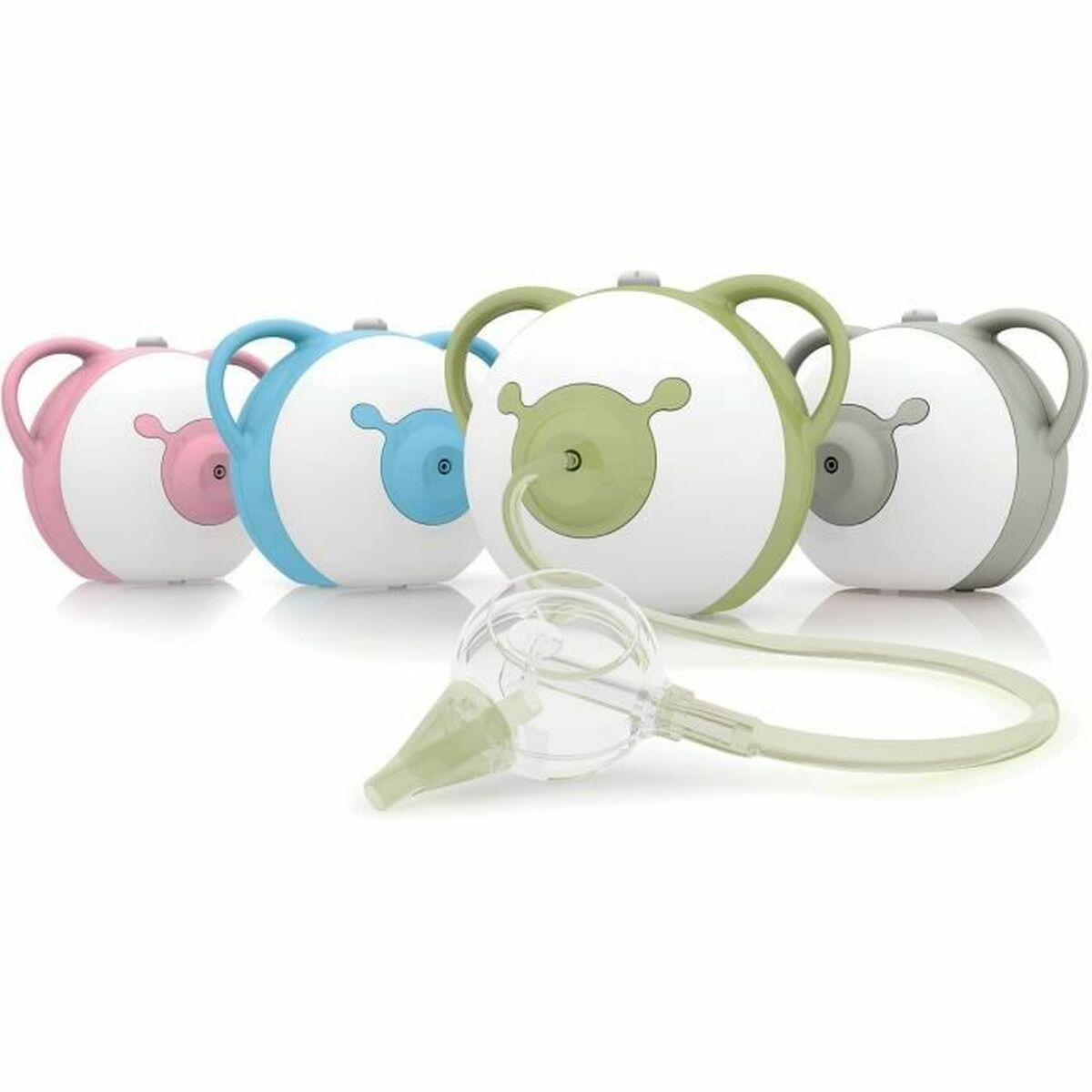 Mehrere Baby-Aspiratoren in Rosa, Blau, Grün und Grau. Ein klarer Aspirator befindet sich im Vordergrund. Die Aspiratoren sind weiß mit farbigen Akzenten.