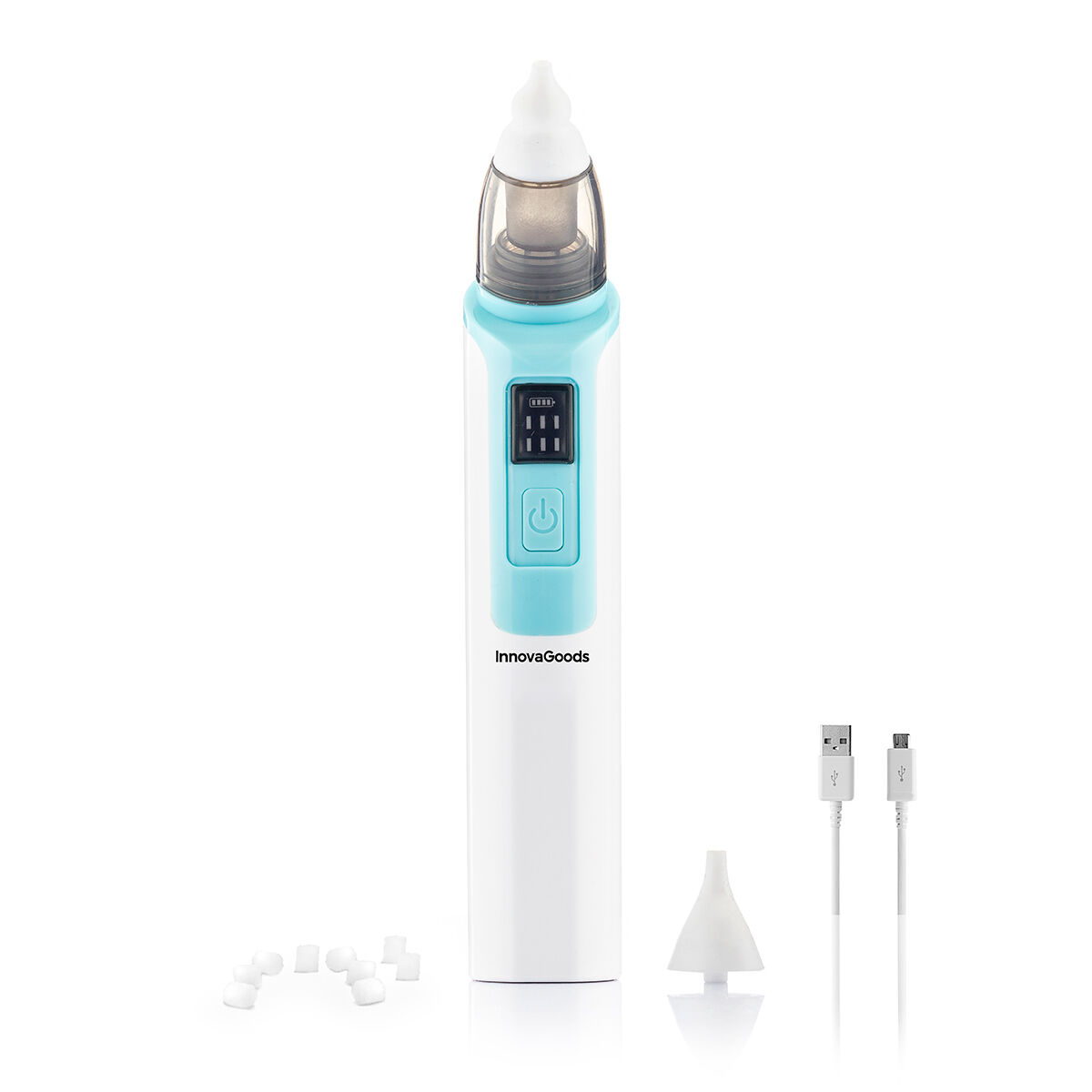 Un aspirador nasal blanco y azul con accesorios: cables USB, puntas de repuesto y tabletas de limpieza. El logotipo de InnovaGoods es visible.
