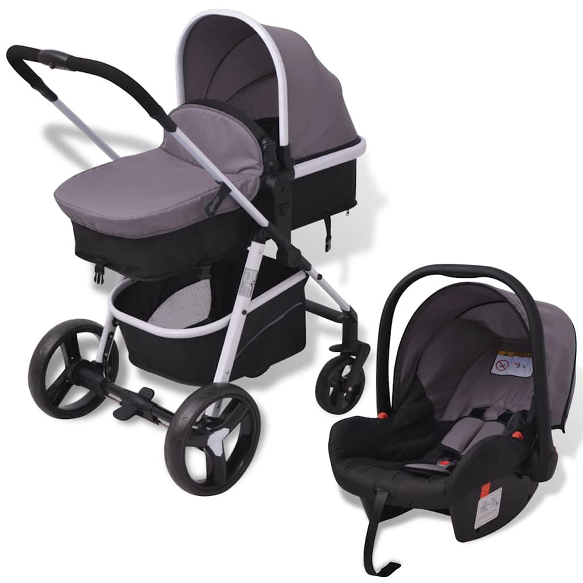 Ein grauer und schwarzer Kinderwagen mit passendem Autositz. Der Kinderwagen hat vier Räder und ein Sonnensegel. Der Kindersitz hat Sicherheitsgurte.