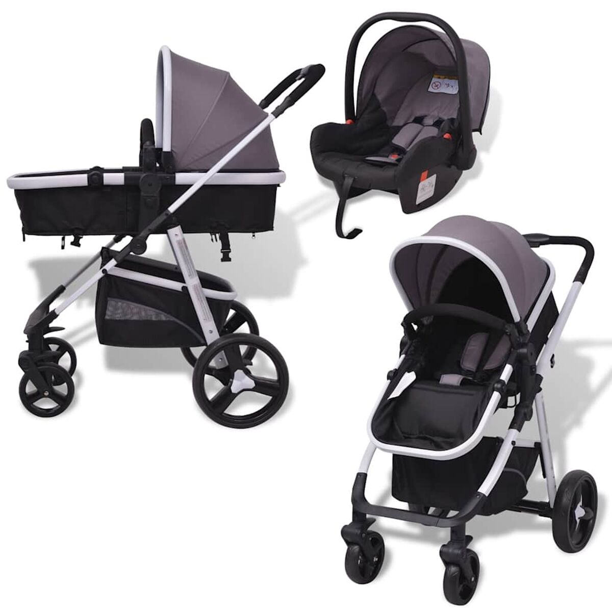 Drei Baby-Kinderwagen sind abgebildet. Einer ist im Stubenwagenstil, einer ein Autositz und der letzte ein normaler Kinderwagen, alle in Grau und Schwarz.