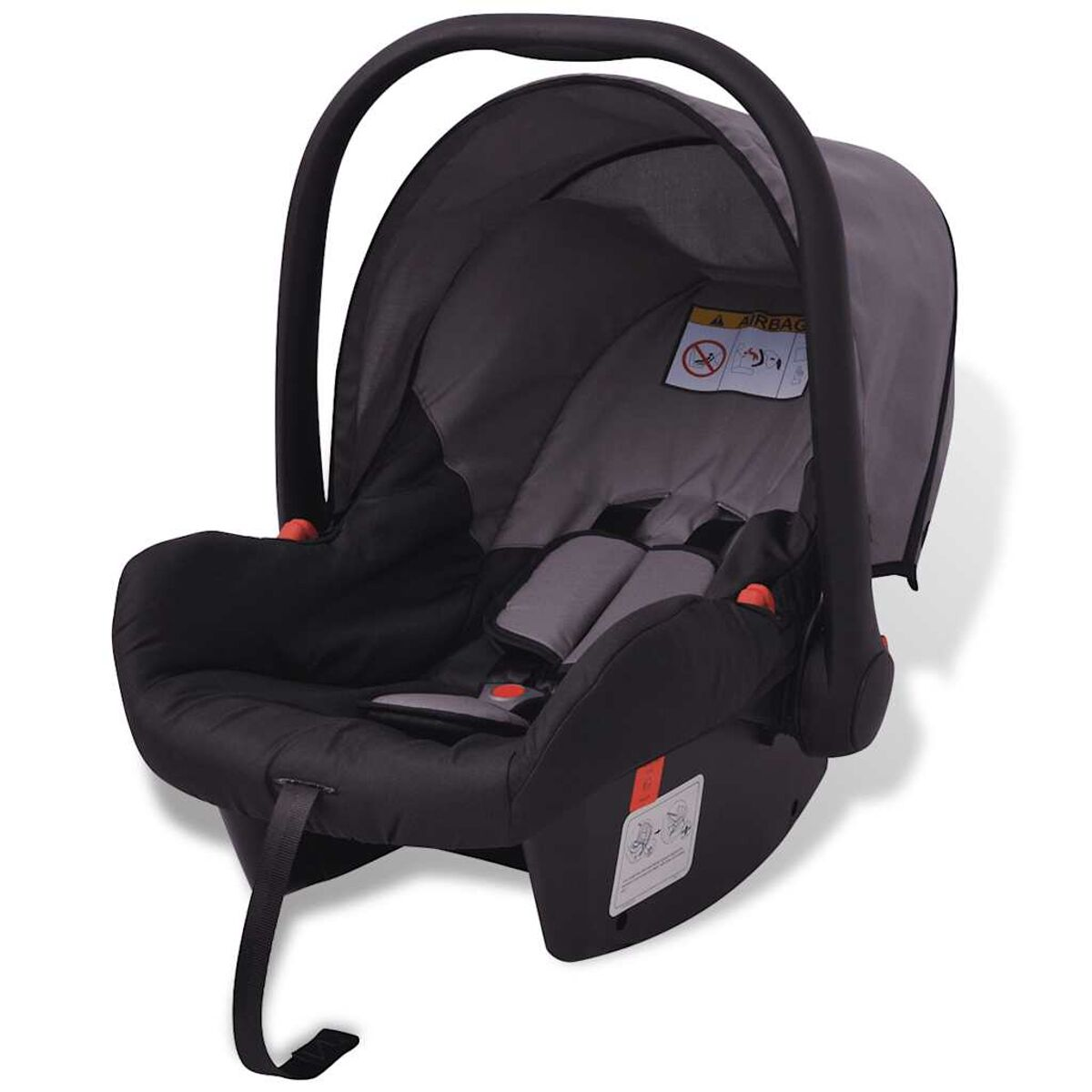 Ein schwarzer und grauer Autositz für Babys mit Griff und Verdeck. Sicherheitsgurte sind sichtbar. Der Sitz befindet sich auf weißem Hintergrund.